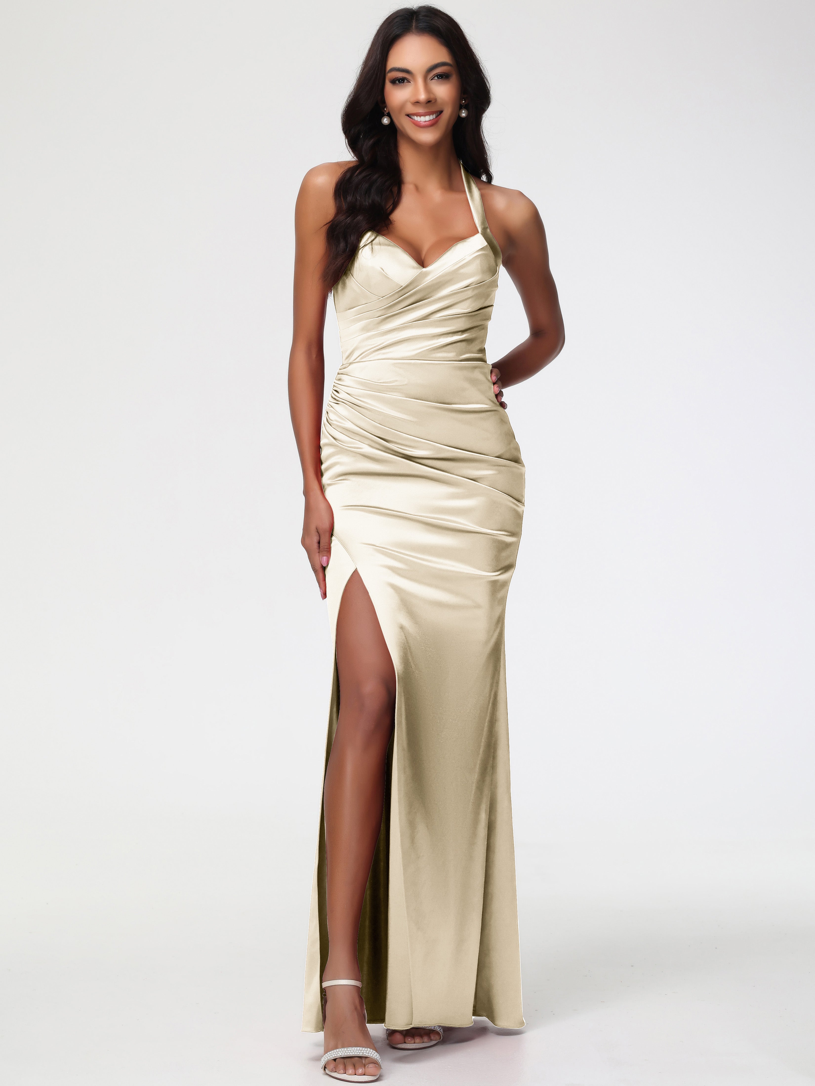 Robe De Demoiselle D Honneur Couleur Champagne Col V Satin Extensible Fourreau/Colonne Robe De Demoiselle D'Honneur Longue Plissée