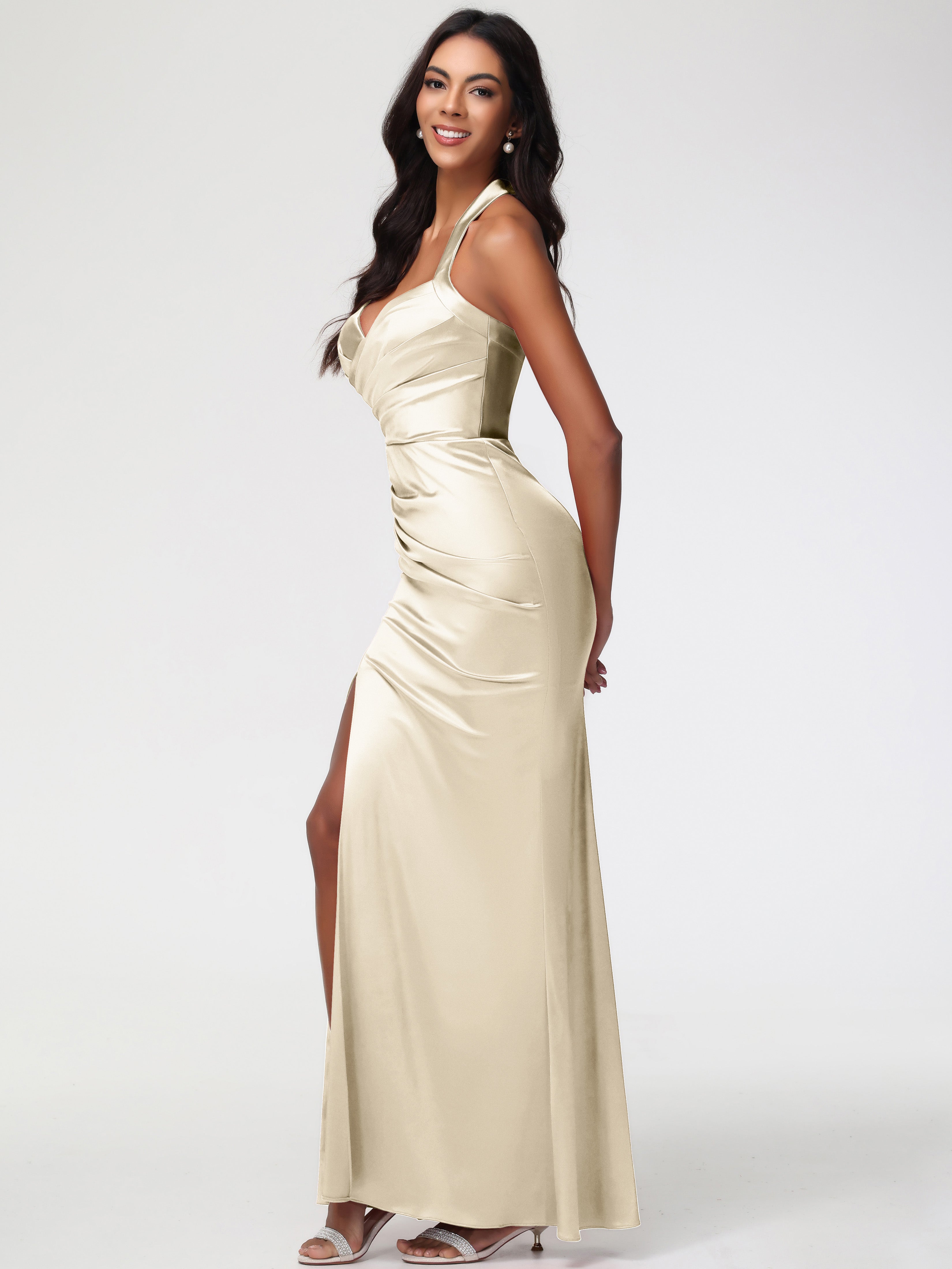 Robe De Demoiselle D Honneur Couleur Champagne Col V Satin Extensible Fourreau/Colonne Robe De Demoiselle D'Honneur Longue Plissée