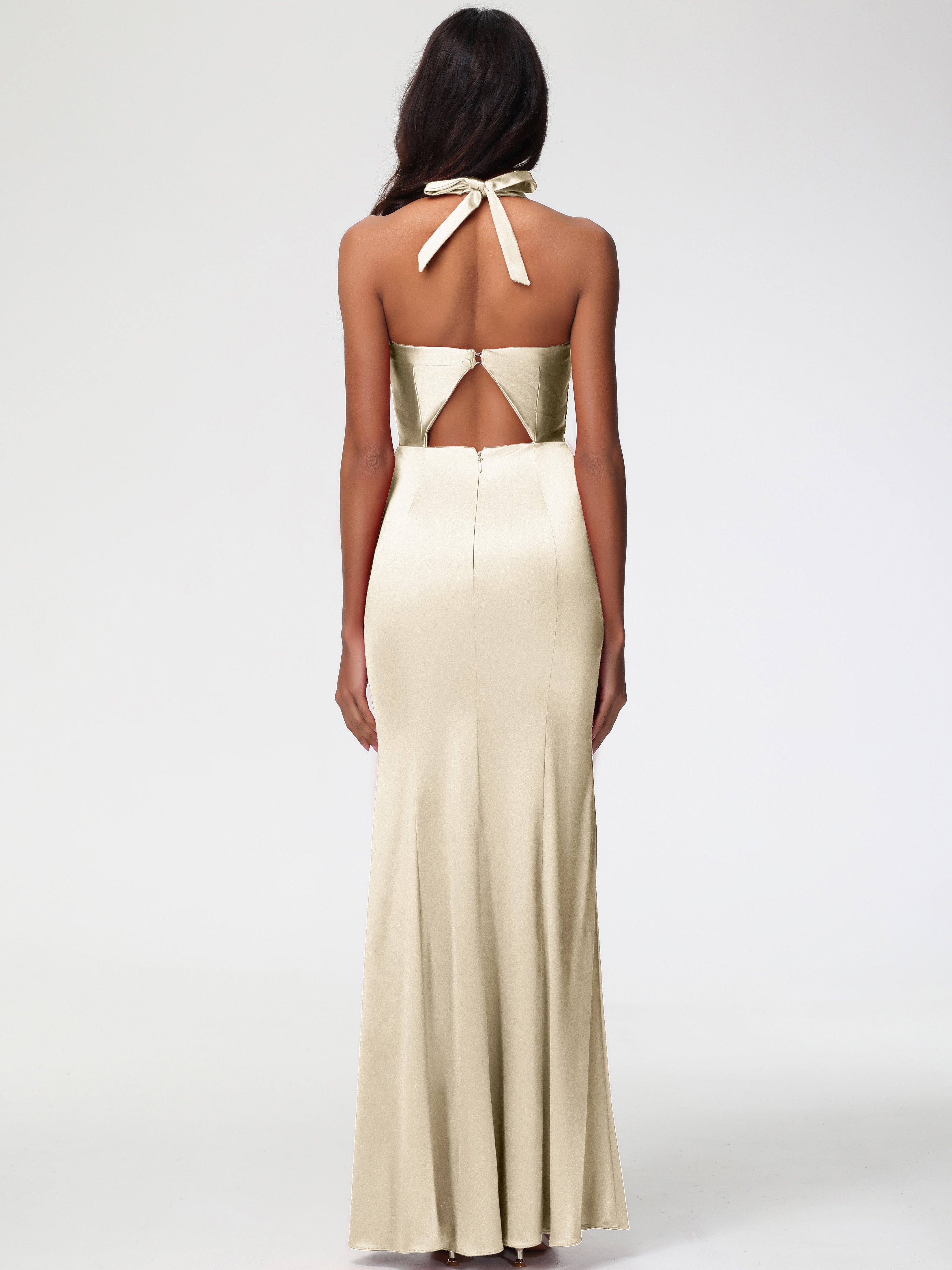 Robe De Demoiselle D Honneur Couleur Champagne Col V Satin Extensible Fourreau/Colonne Robe De Demoiselle D'Honneur Longue Plissée