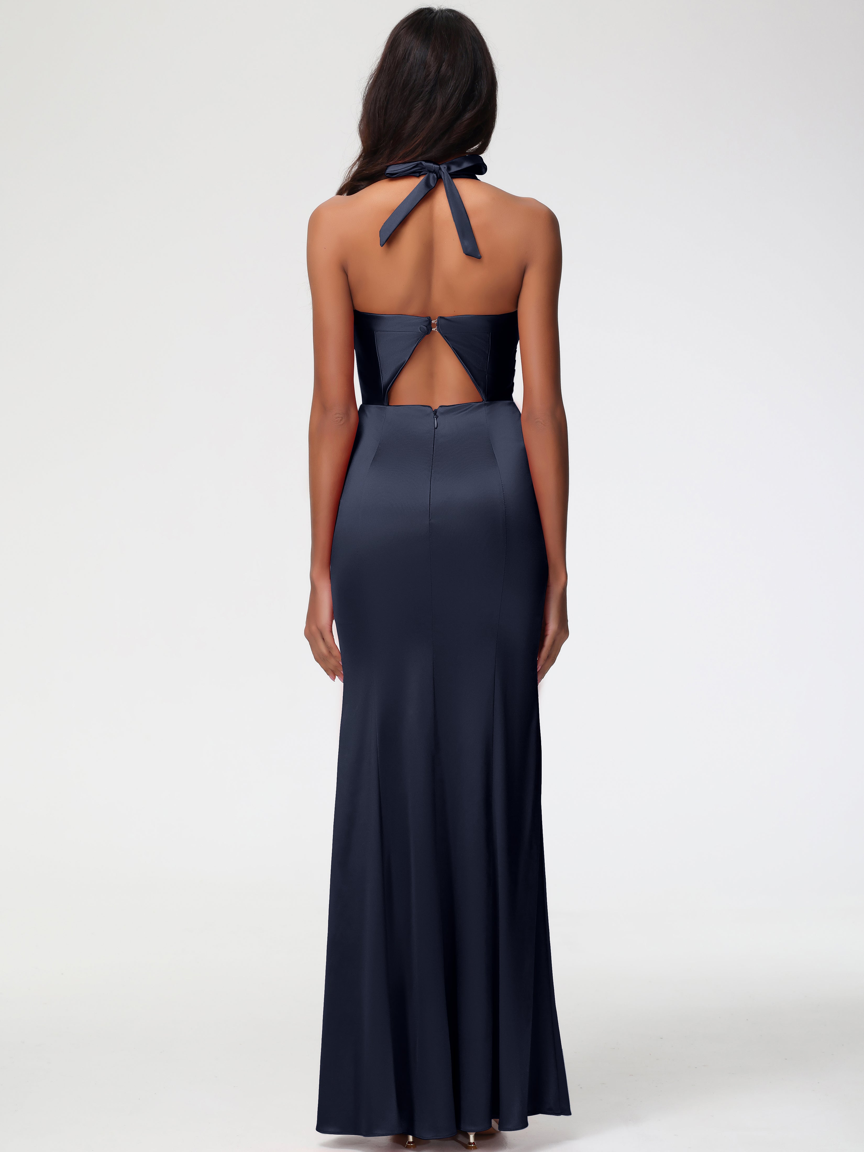 Robe Demoiselle D Honneur Bleu Marine Pas Cher Col V Satin Extensible Fourreau/Colonne Robe De Demoiselle D'Honneur Longue Plissée