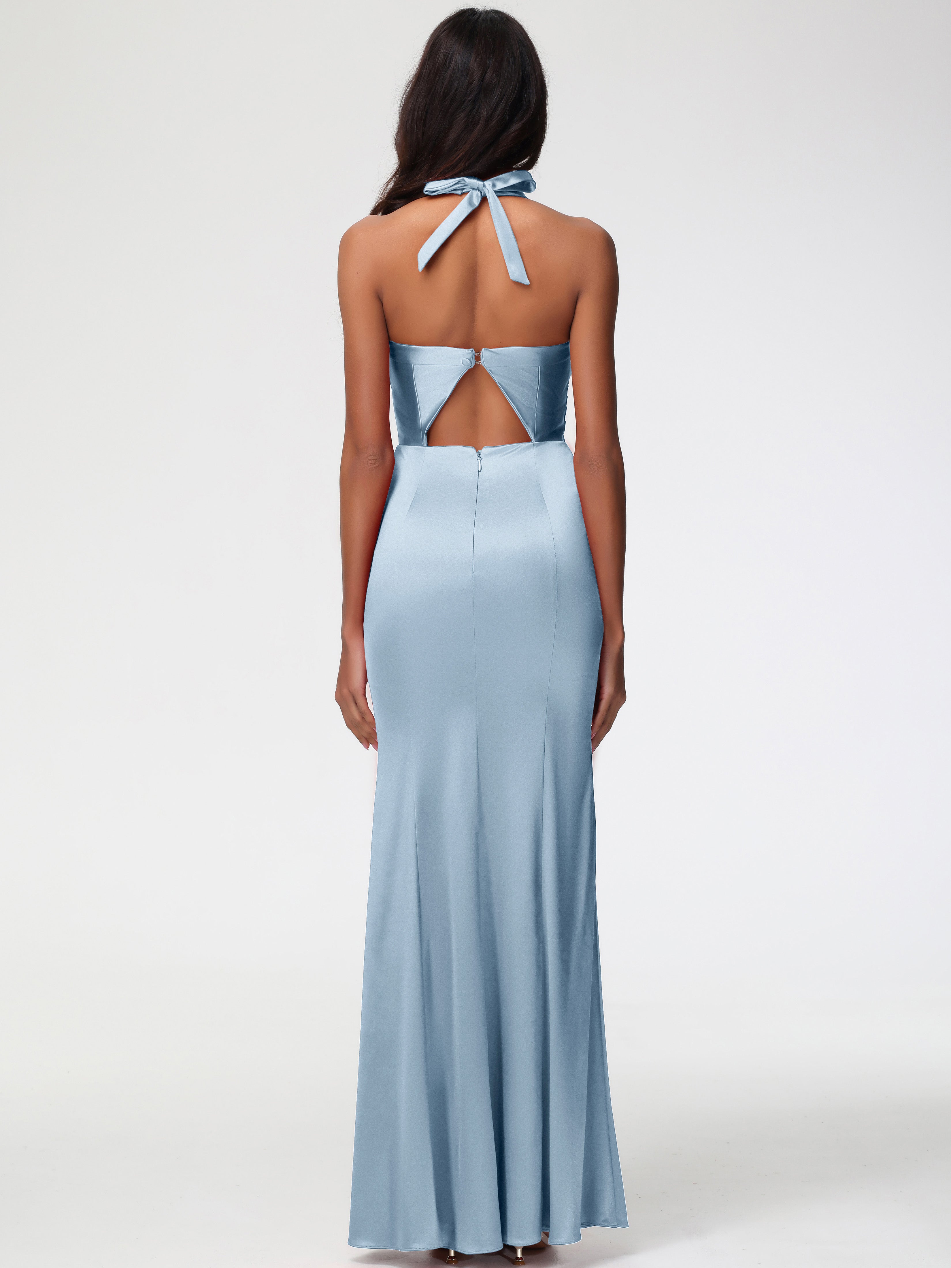 Robe Demoiselle D Honneur Bleu Poussiereux Col V Satin Extensible Fourreau/Colonne Robe De Demoiselle D'Honneur Longue Plissée