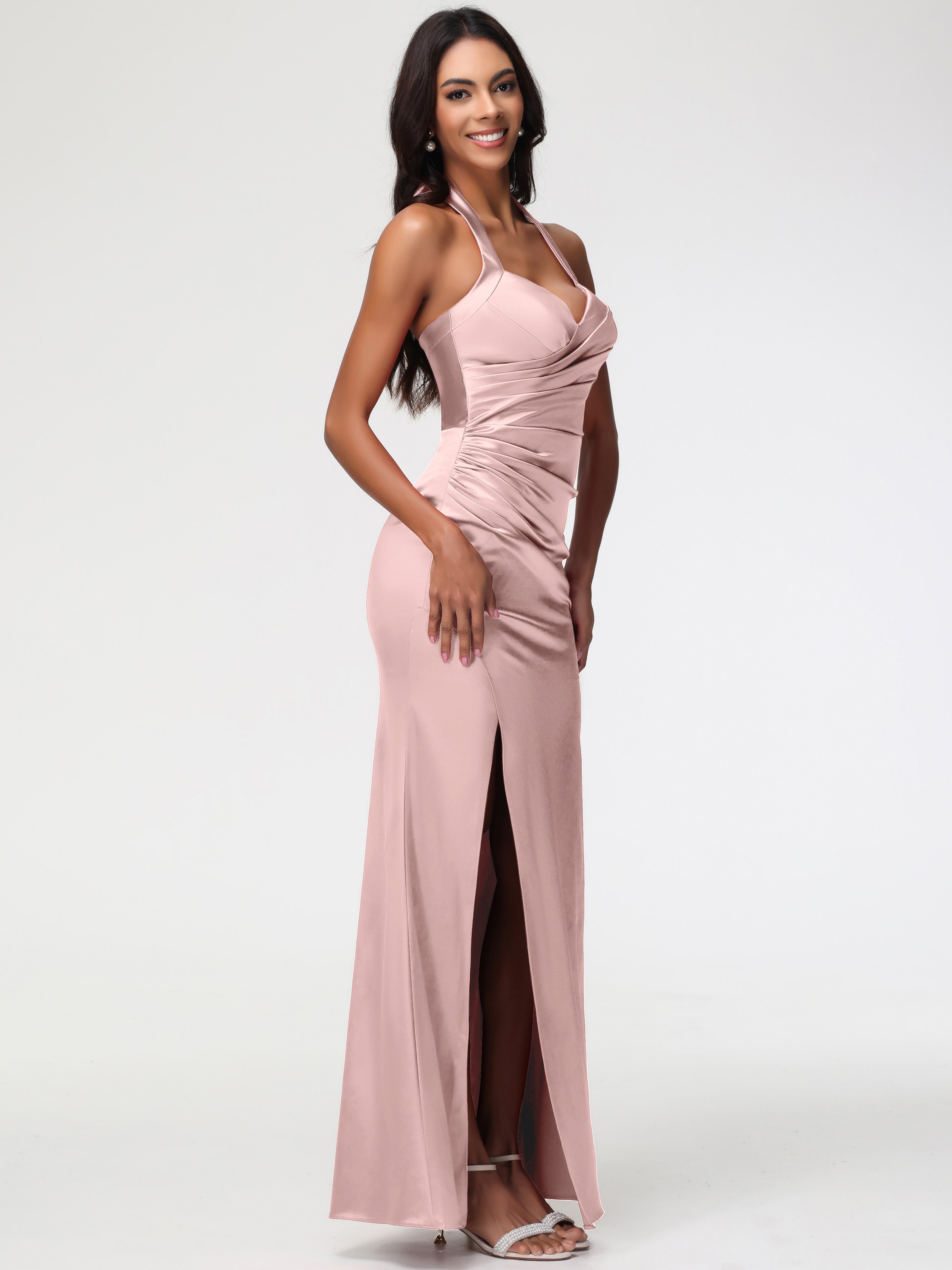 Robe Longue Demoiselle D Honneur Rose Poudré Col V Satin Extensible Fourreau Robe De Demoiselle D'Honneur Longue Plissée