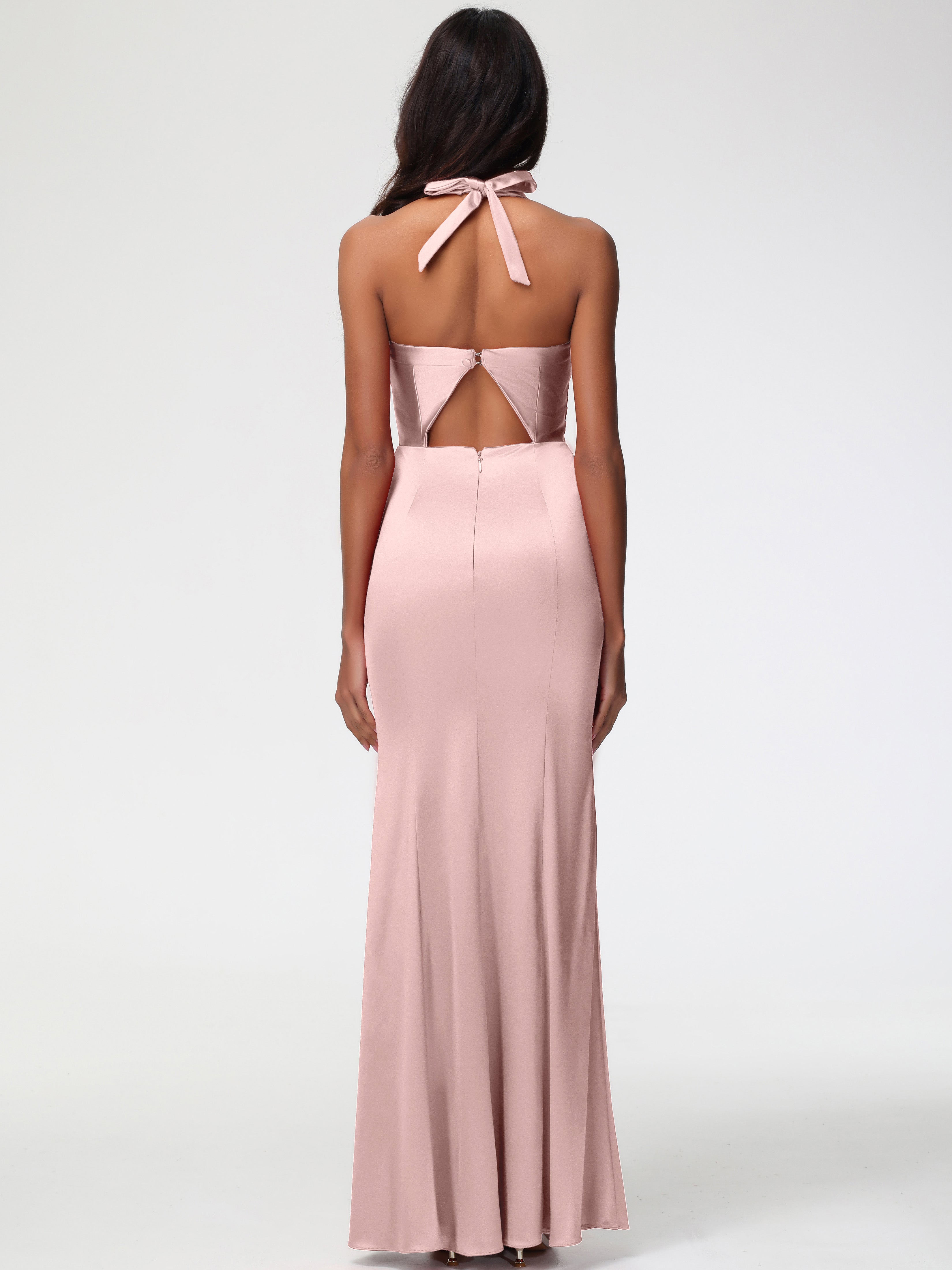 Robe Longue Demoiselle D Honneur Rose Poudré Col V Satin Extensible Fourreau Robe De Demoiselle D'Honneur Longue Plissée