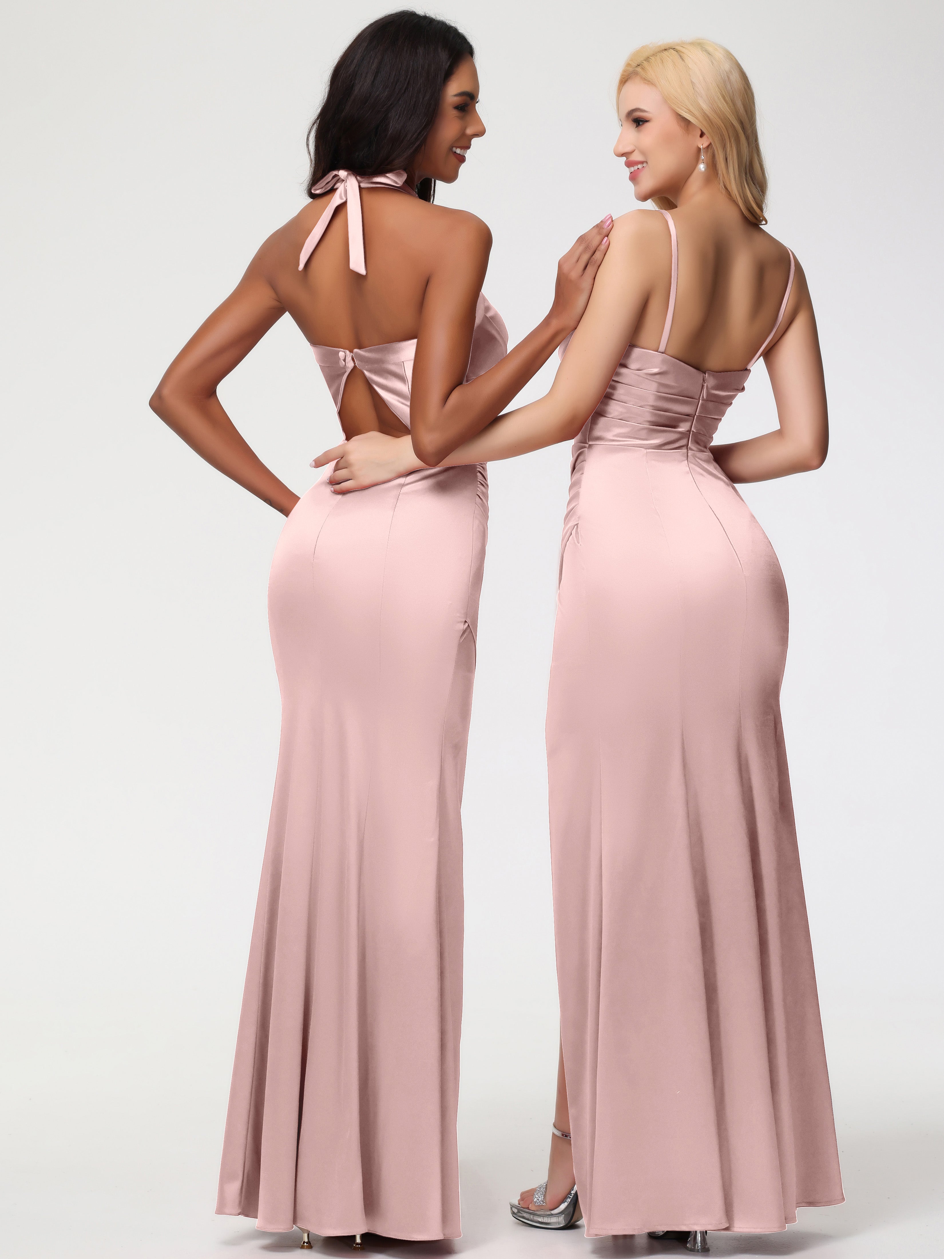 Robe Longue Demoiselle D Honneur Rose Poudré Col V Satin Extensible Fourreau Robe De Demoiselle D'Honneur Longue Plissée