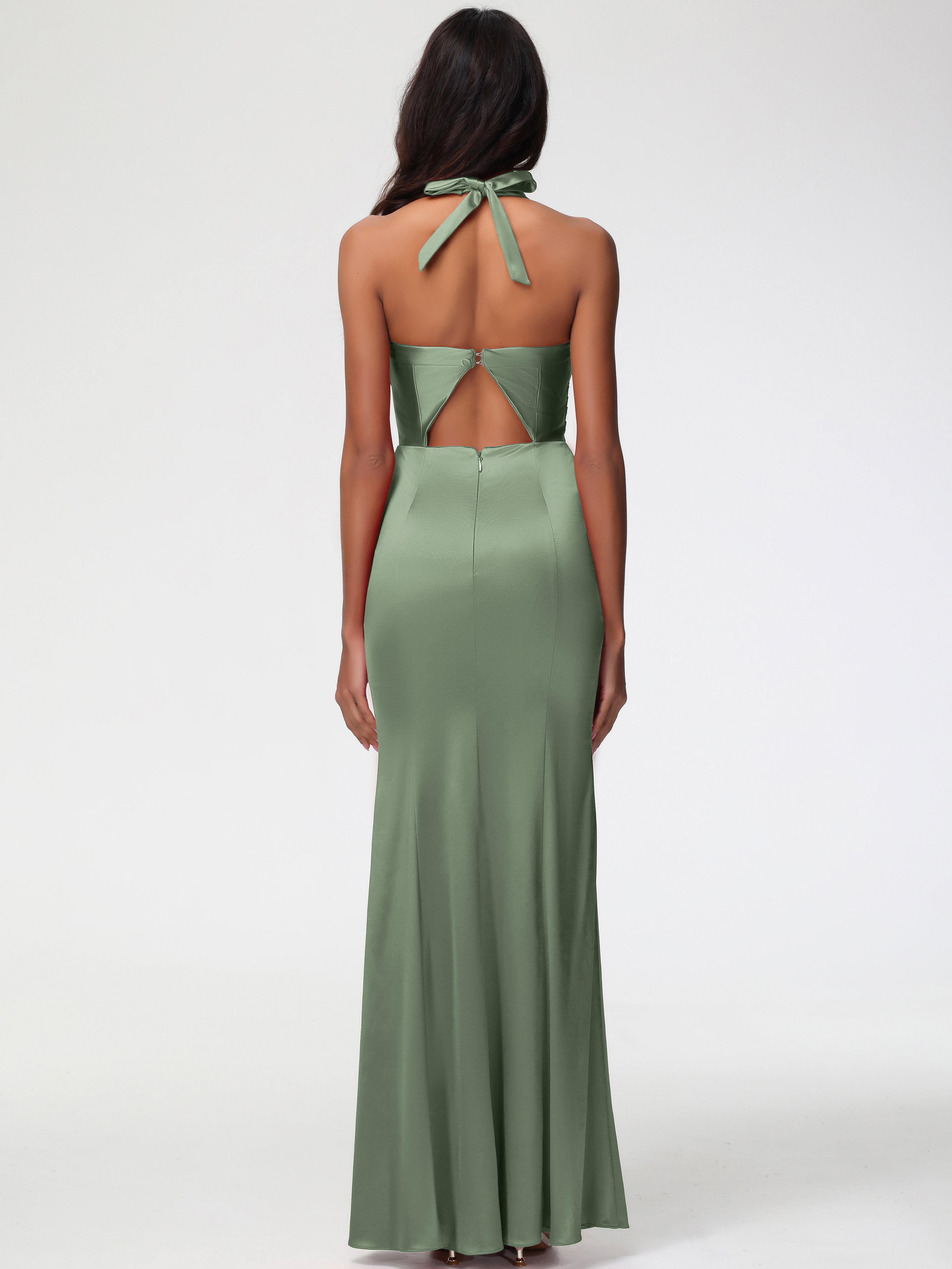 Robe Demoiselle D Honneur Sauge Poudré Col V Satin Extensible Fourreau Robe De Demoiselle D'Honneur Longue Plissée