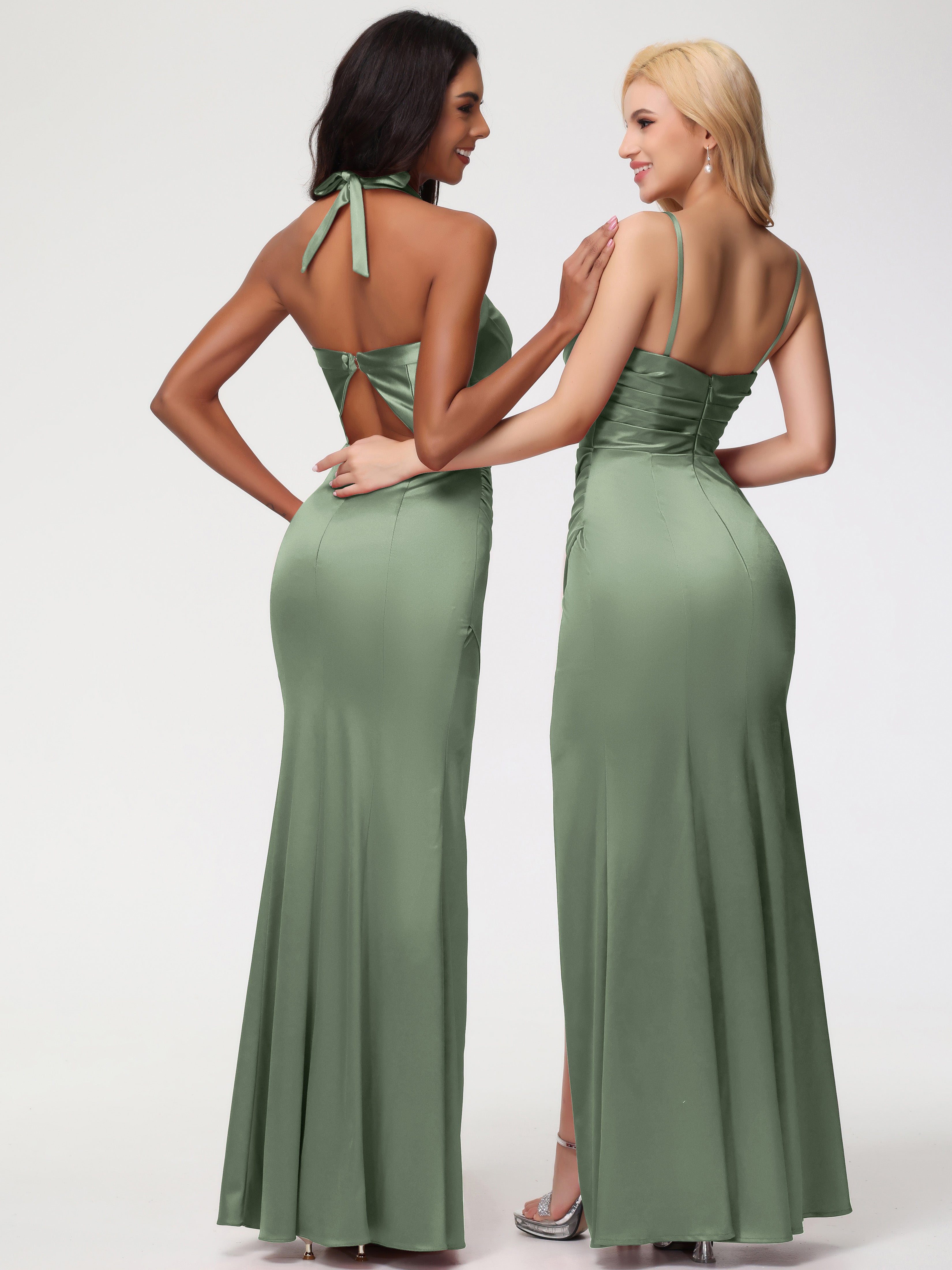 Robe Demoiselle D Honneur Sauge Poudré Col V Satin Extensible Fourreau Robe De Demoiselle D'Honneur Longue Plissée