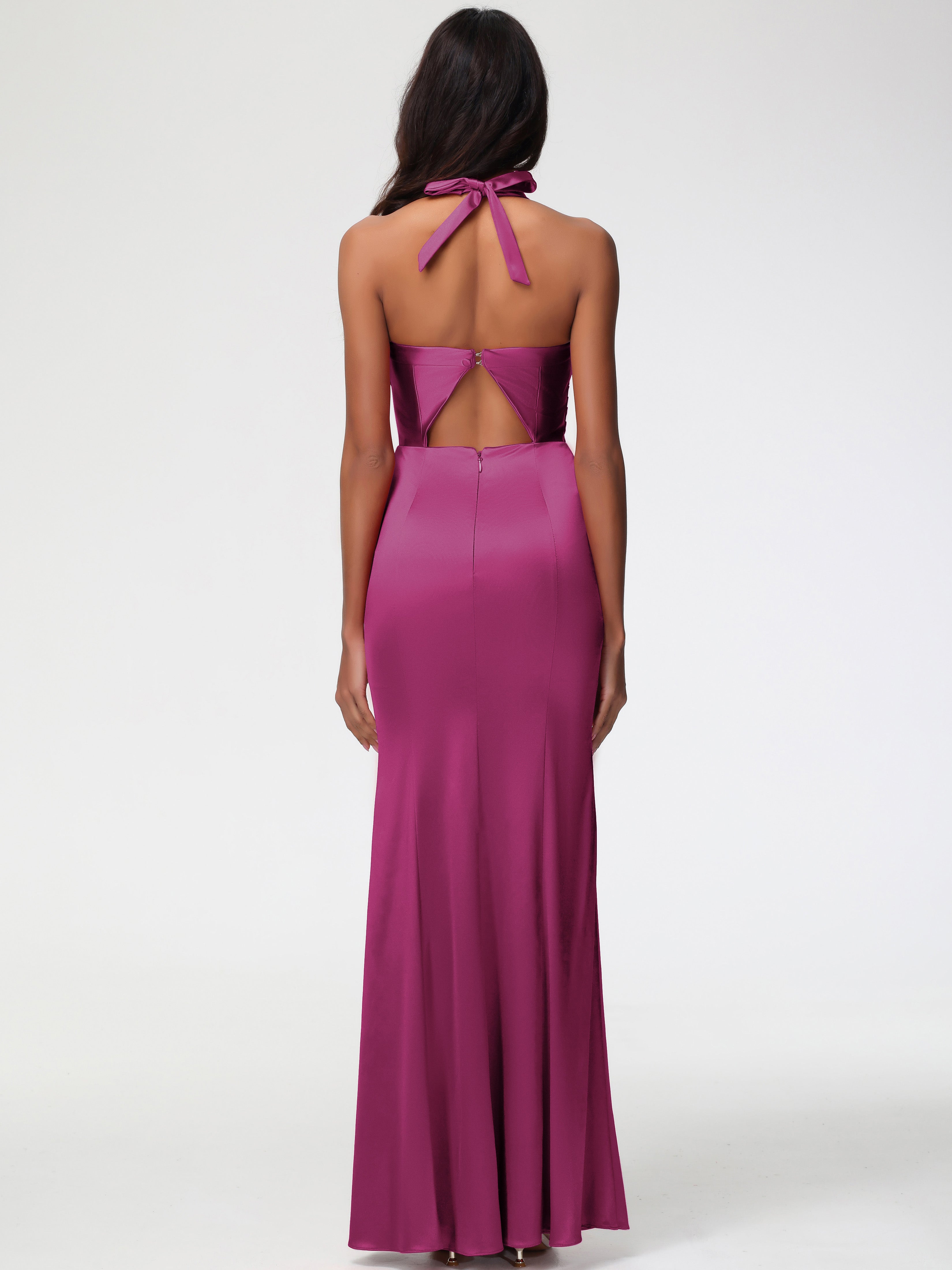 Robe Rose Fuchsia Demoiselle D Honneur Col V Satin Extensible Fourreau/Colonne Robe De Demoiselle D'Honneur Longue Plissée