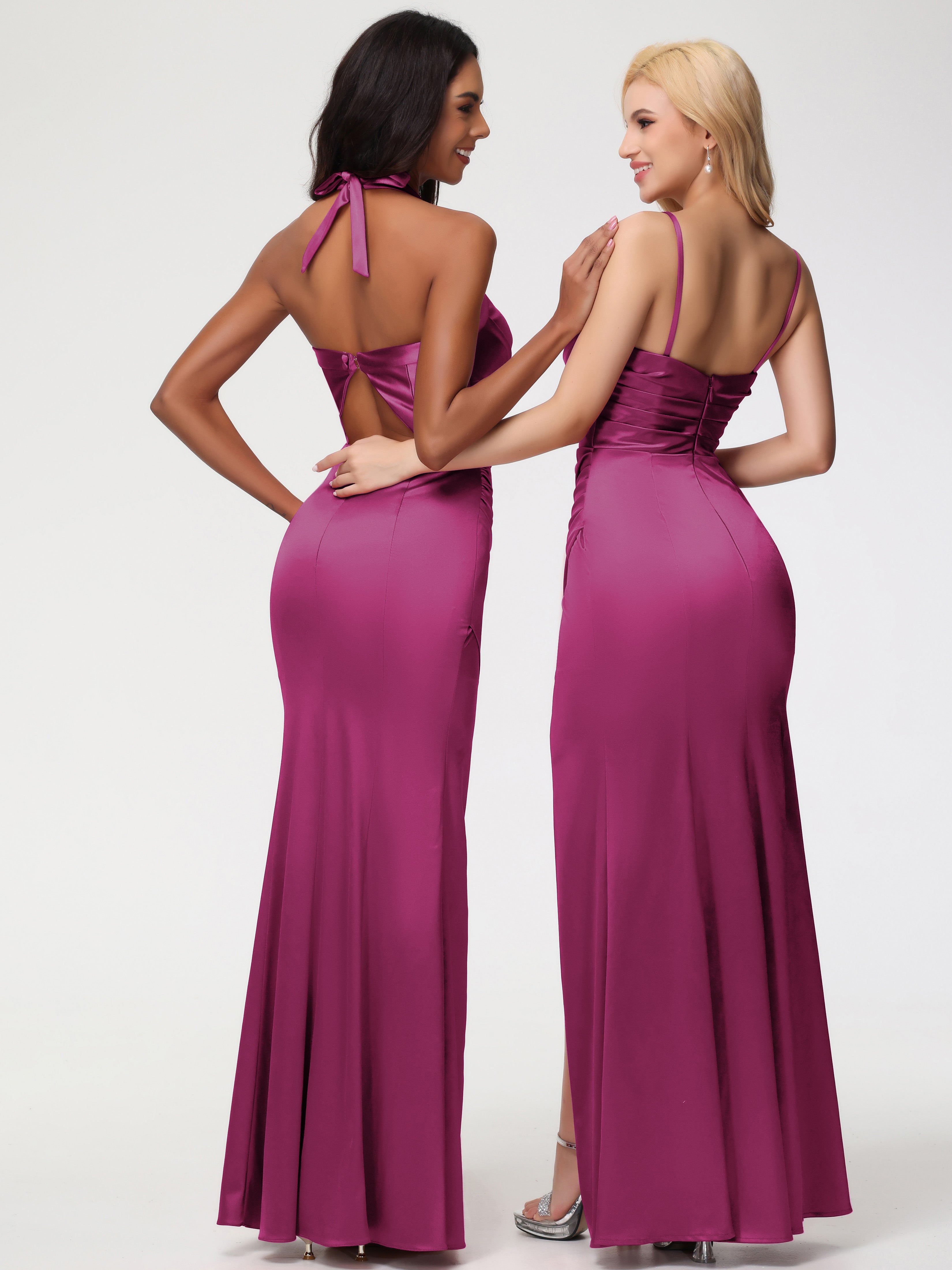 Robe Rose Fuchsia Demoiselle D Honneur Col V Satin Extensible Fourreau/Colonne Robe De Demoiselle D'Honneur Longue Plissée