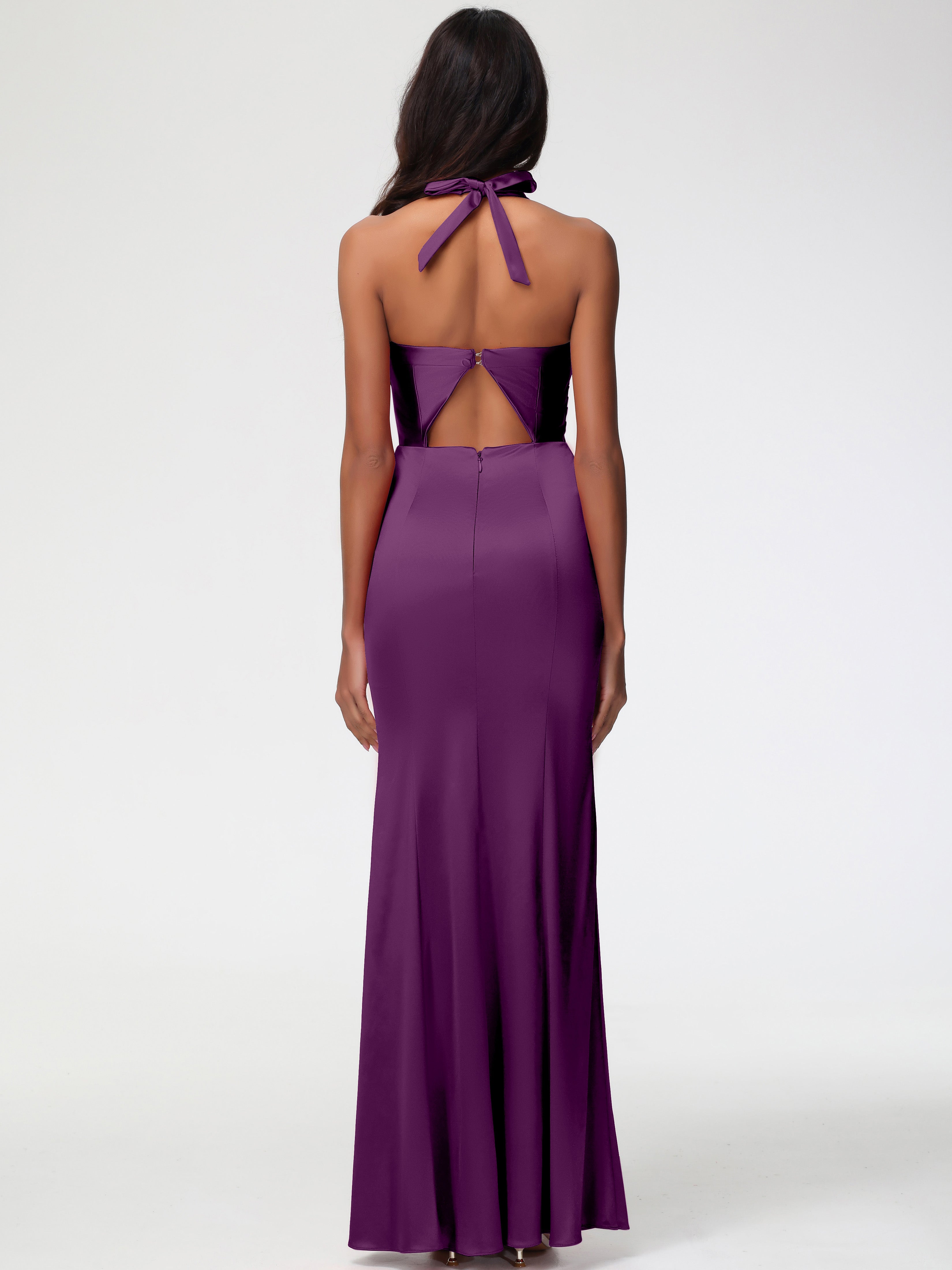 Robes De Demoiselle D'Honneur En Raisin Col V Satin Extensible Fourreau/Colonne Robe De Demoiselle D'Honneur Longue Plissée