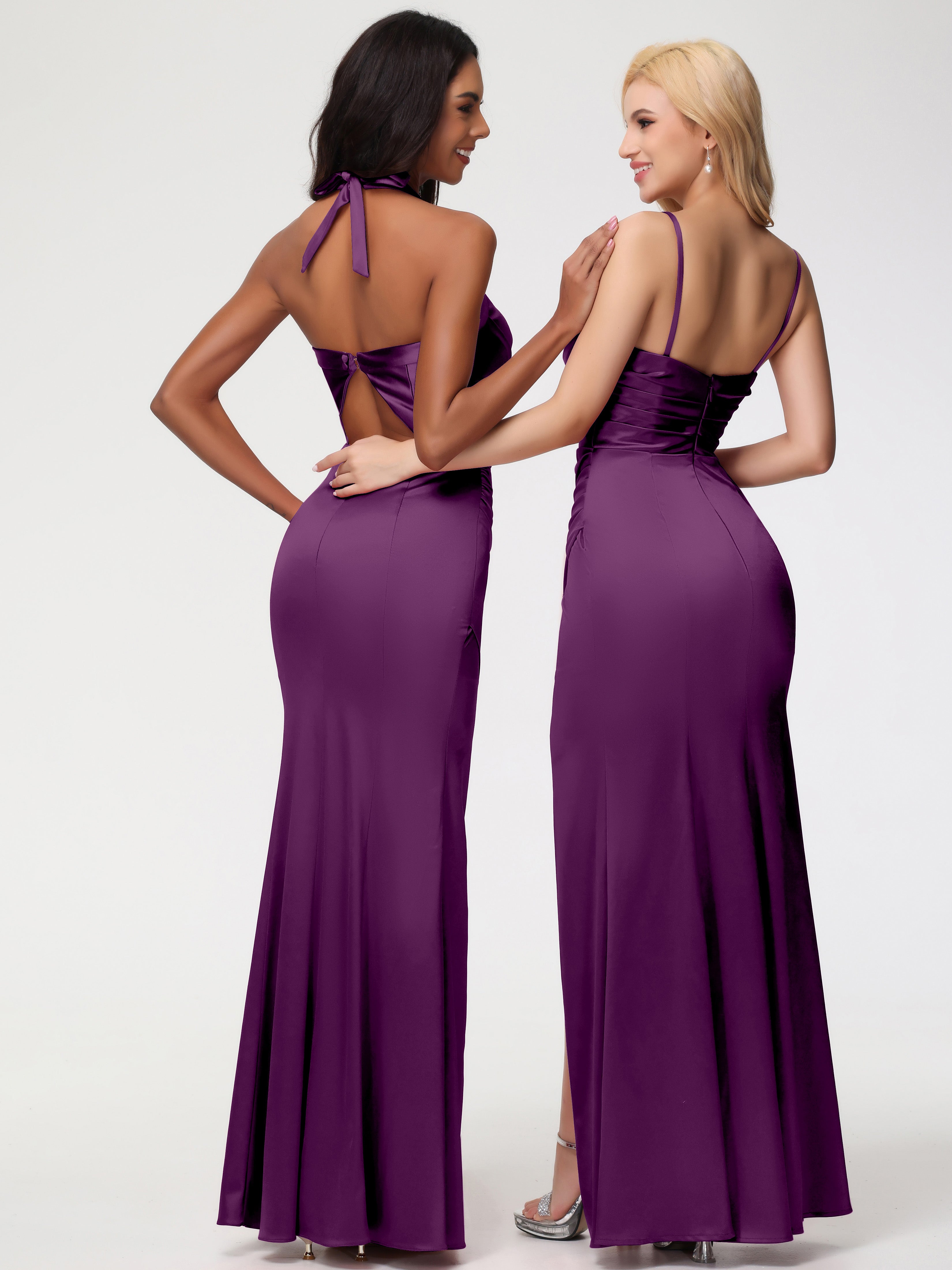 Robes De Demoiselle D'Honneur En Raisin Col V Satin Extensible Fourreau/Colonne Robe De Demoiselle D'Honneur Longue Plissée