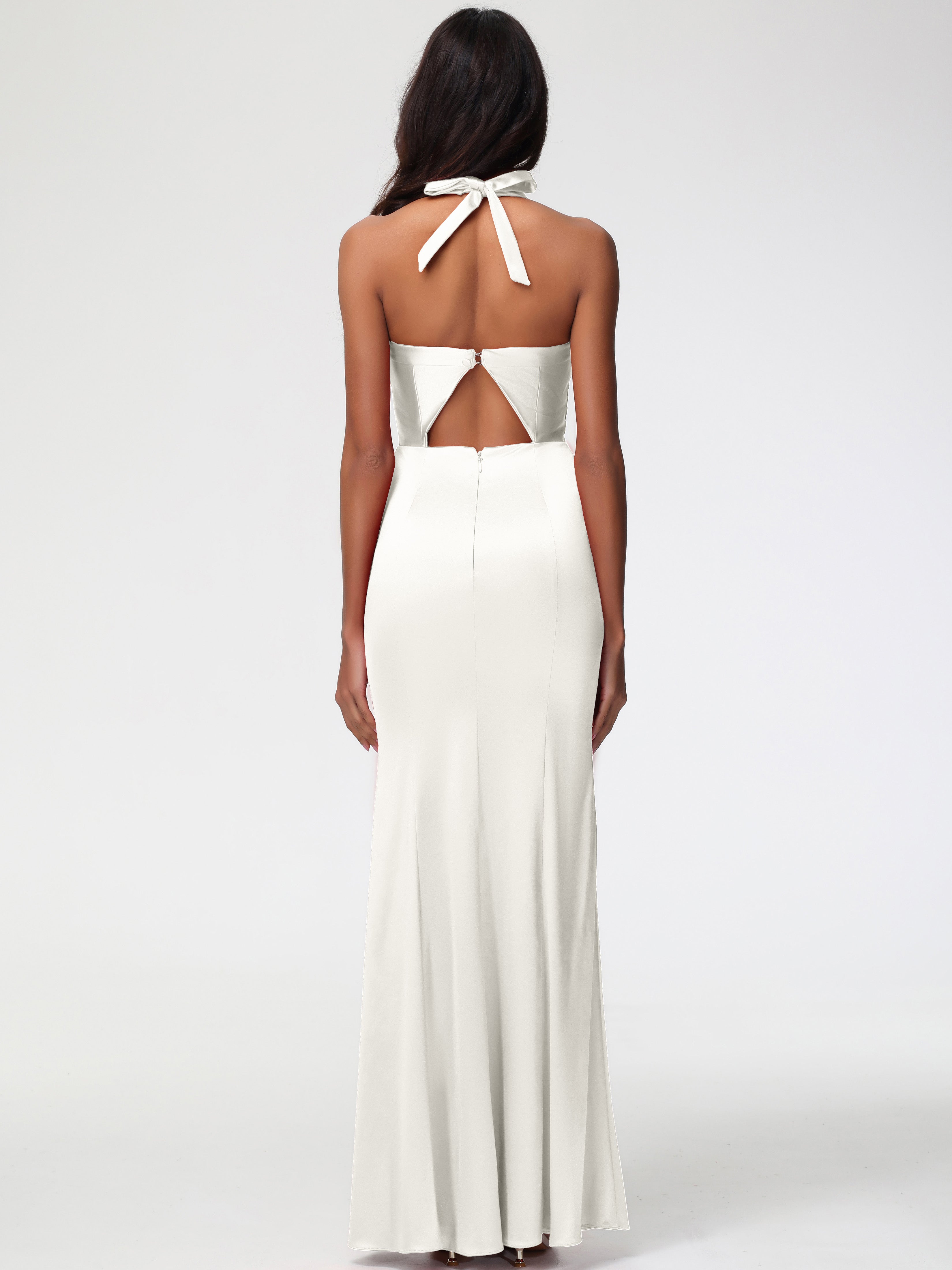 Robe De Demoiselle D Honneur Ivoire Col V Satin Extensible Fourreau/Colonne Robe De Demoiselle D'Honneur Longue Plissée