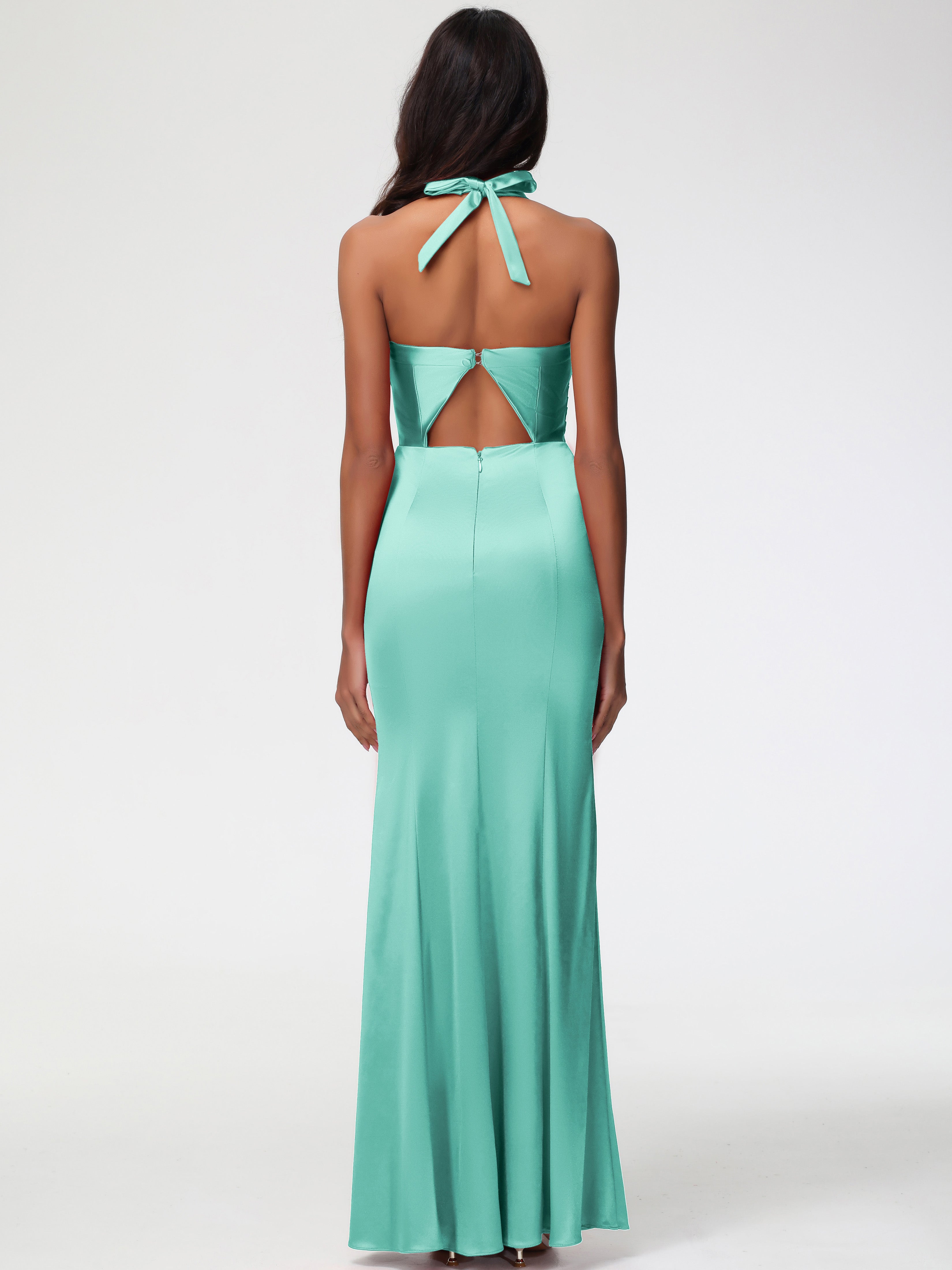 Robe Demoiselle D Honneur Vert Menthe Col V Satin Extensible Robe De Demoiselle D'Honneur Longue Plissée