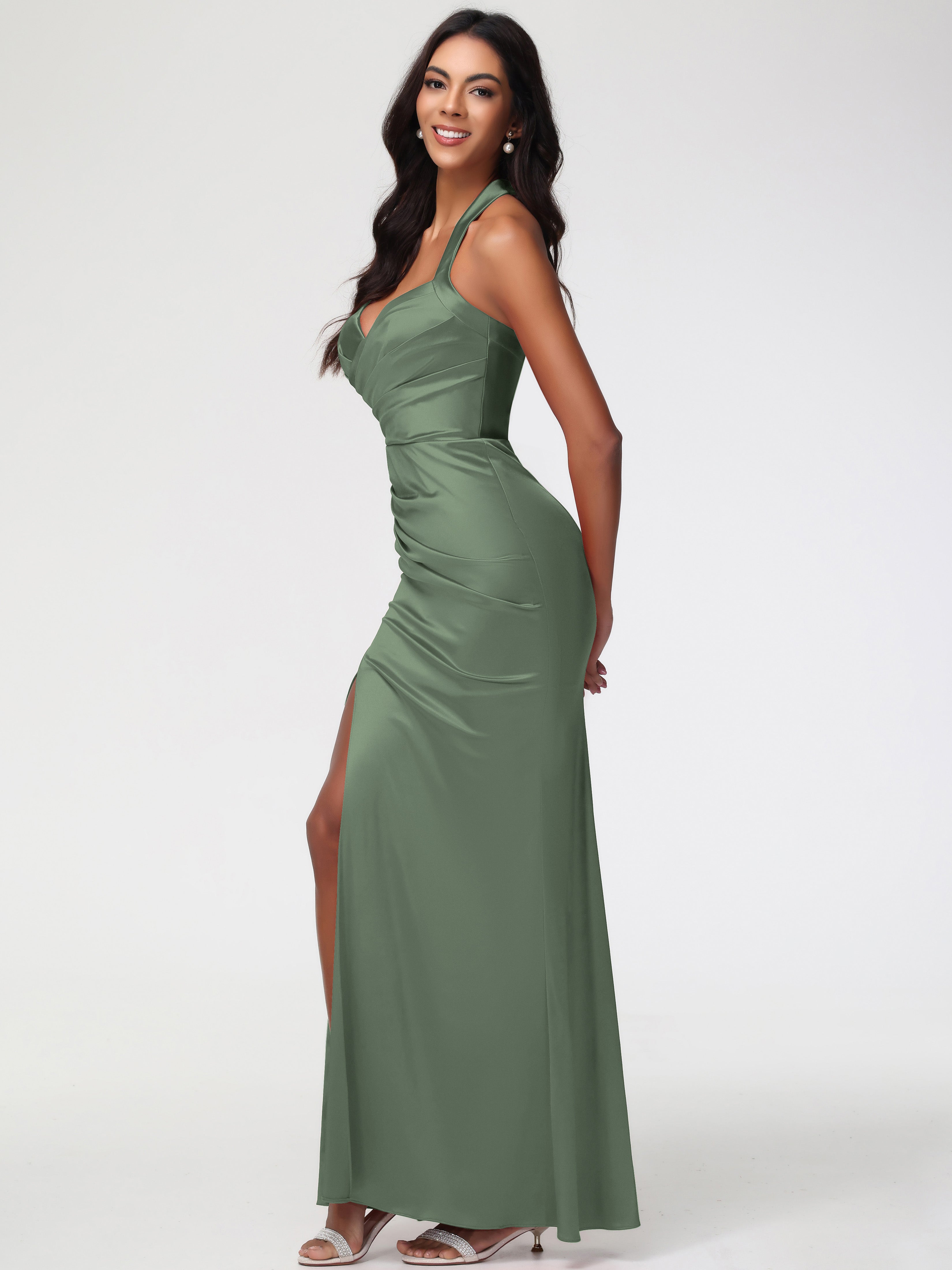 Robe Vert Olive Demoiselle D Honneur Col V Satin Extensible Robe De Demoiselle D'Honneur Longue Plissée