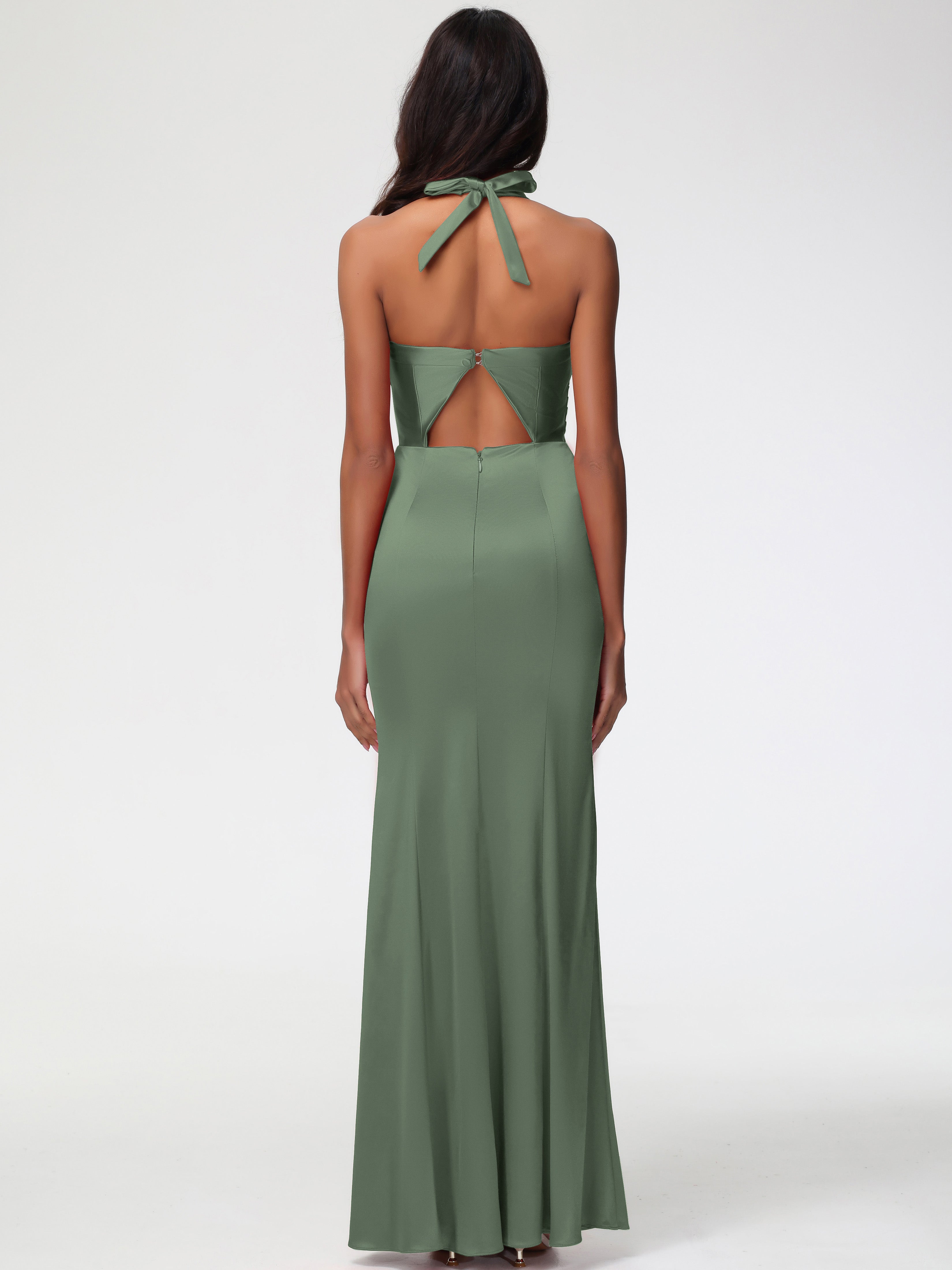 Robe Vert Olive Demoiselle D Honneur Col V Satin Extensible Robe De Demoiselle D'Honneur Longue Plissée