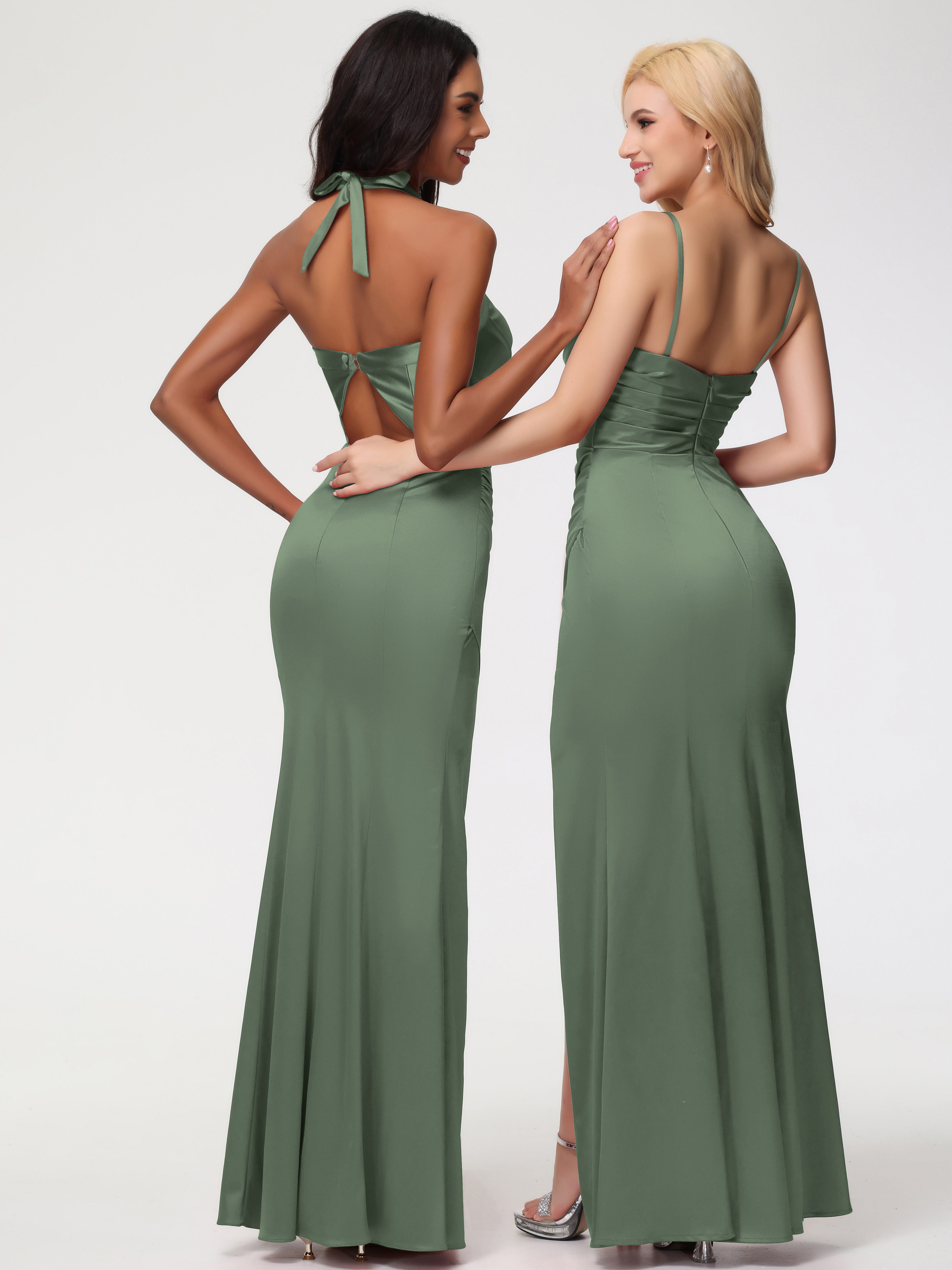 Robe Vert Olive Demoiselle D Honneur Col V Satin Extensible Robe De Demoiselle D'Honneur Longue Plissée