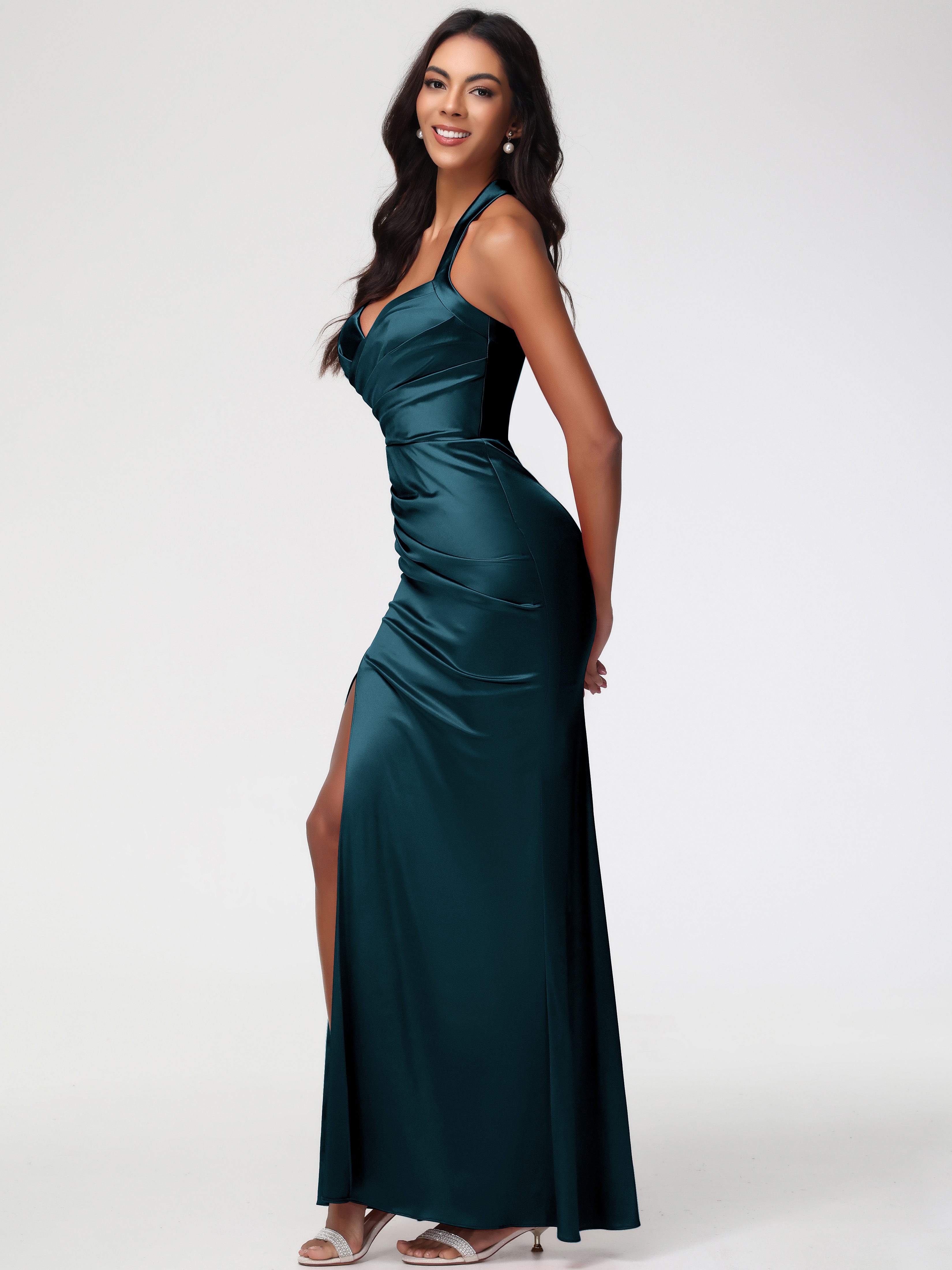 Robes De Demoiselle D'Honneur Couleur Paon Col V Satin Extensible Fourreau/Colonne Robe De Demoiselle D'Honneur Longue Plissée