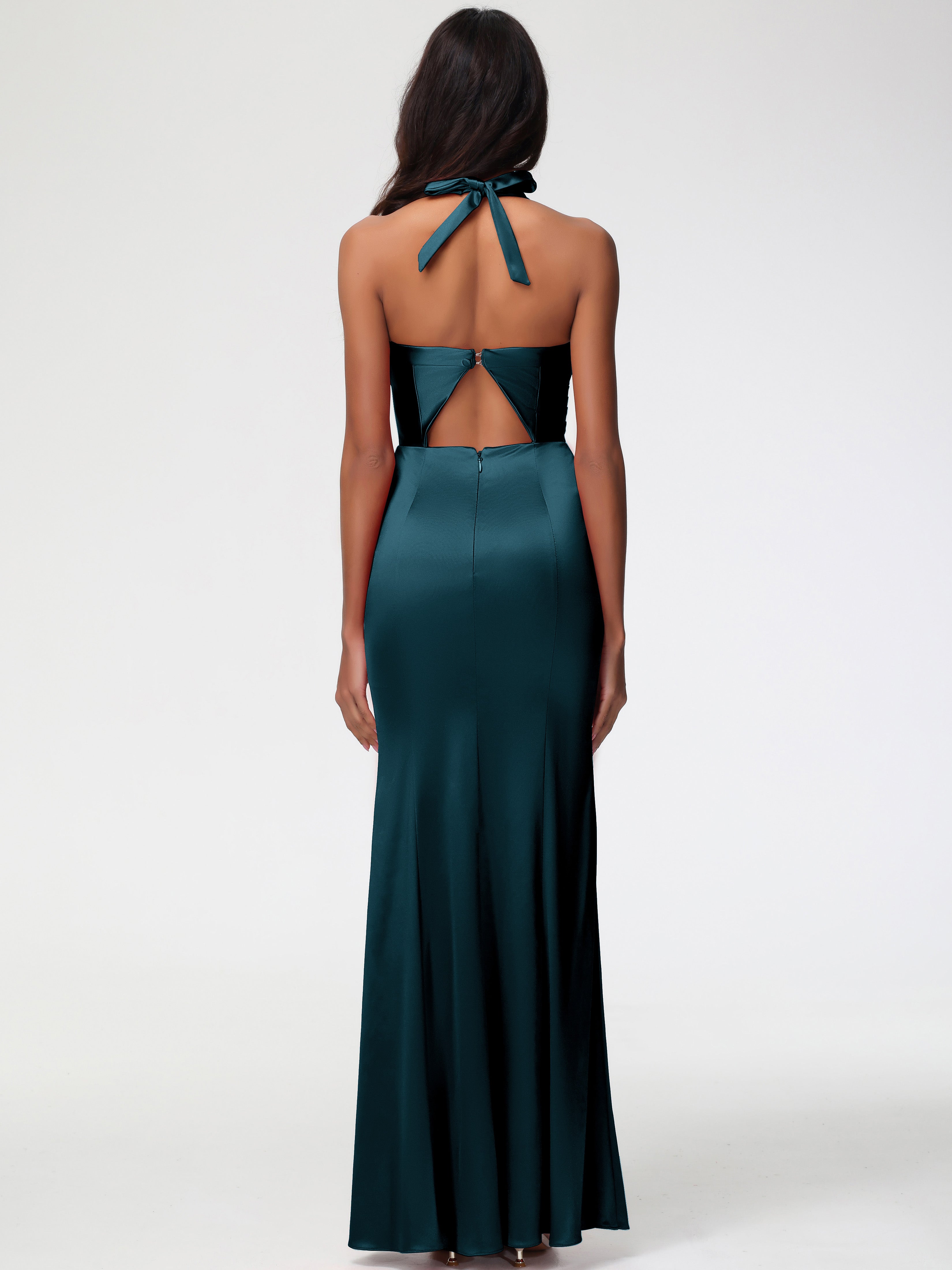 Robes De Demoiselle D'Honneur Couleur Paon Col V Satin Extensible Fourreau/Colonne Robe De Demoiselle D'Honneur Longue Plissée