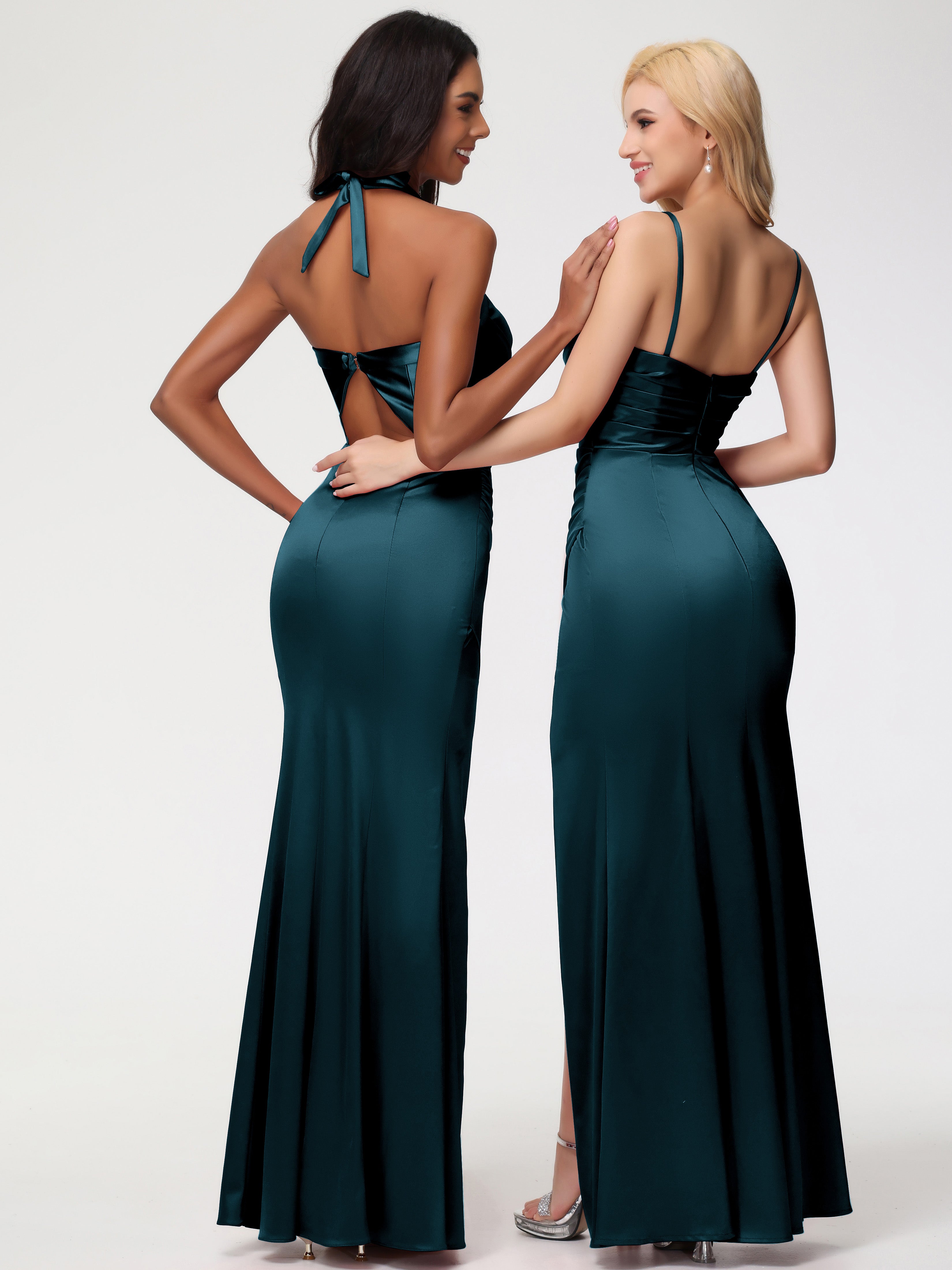 Robes De Demoiselle D'Honneur Couleur Paon Col V Satin Extensible Fourreau/Colonne Robe De Demoiselle D'Honneur Longue Plissée