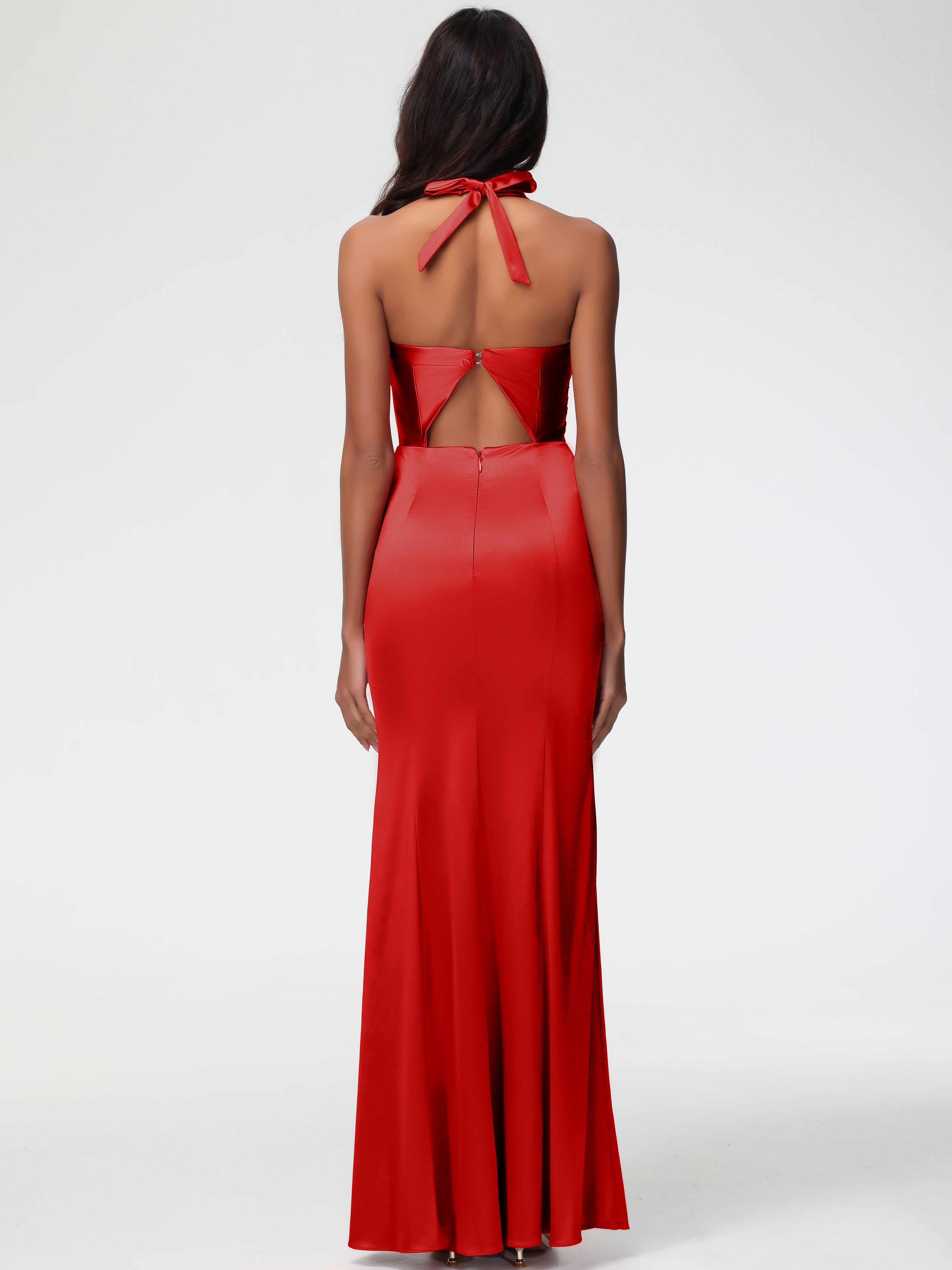 Robes Demoiselle D Honneur Rouge Col V Satin Extensible Fourreau/Colonne Robe De Demoiselle D'Honneur Longue Plissée