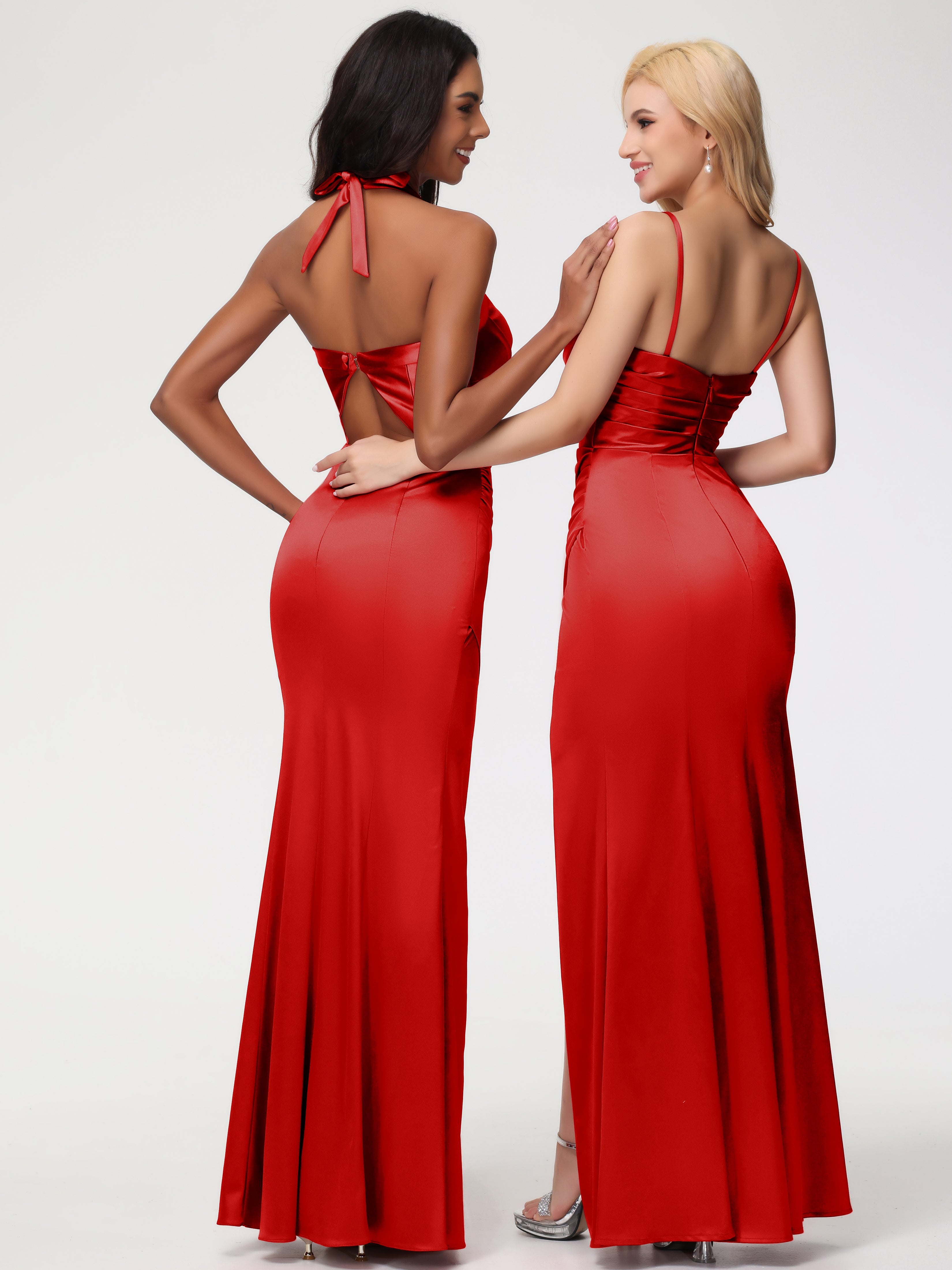 Robes Demoiselle D Honneur Rouge Col V Satin Extensible Fourreau/Colonne Robe De Demoiselle D'Honneur Longue Plissée