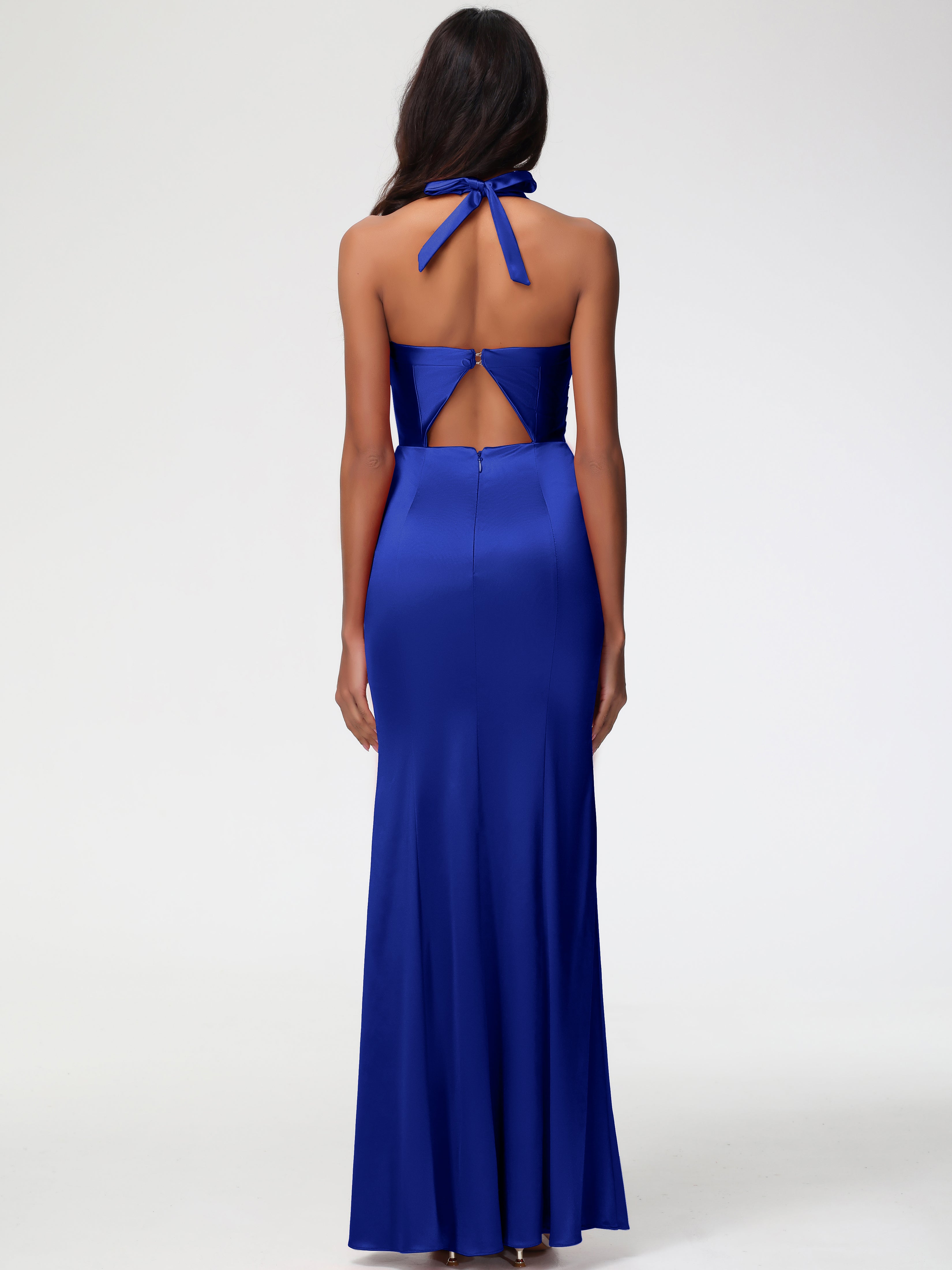 Robes De Demoiselle D'Honneur Bleu Royal Col V Satin Extensible Fourreau/Colonne Robe De Demoiselle D'Honneur Longue Plissée