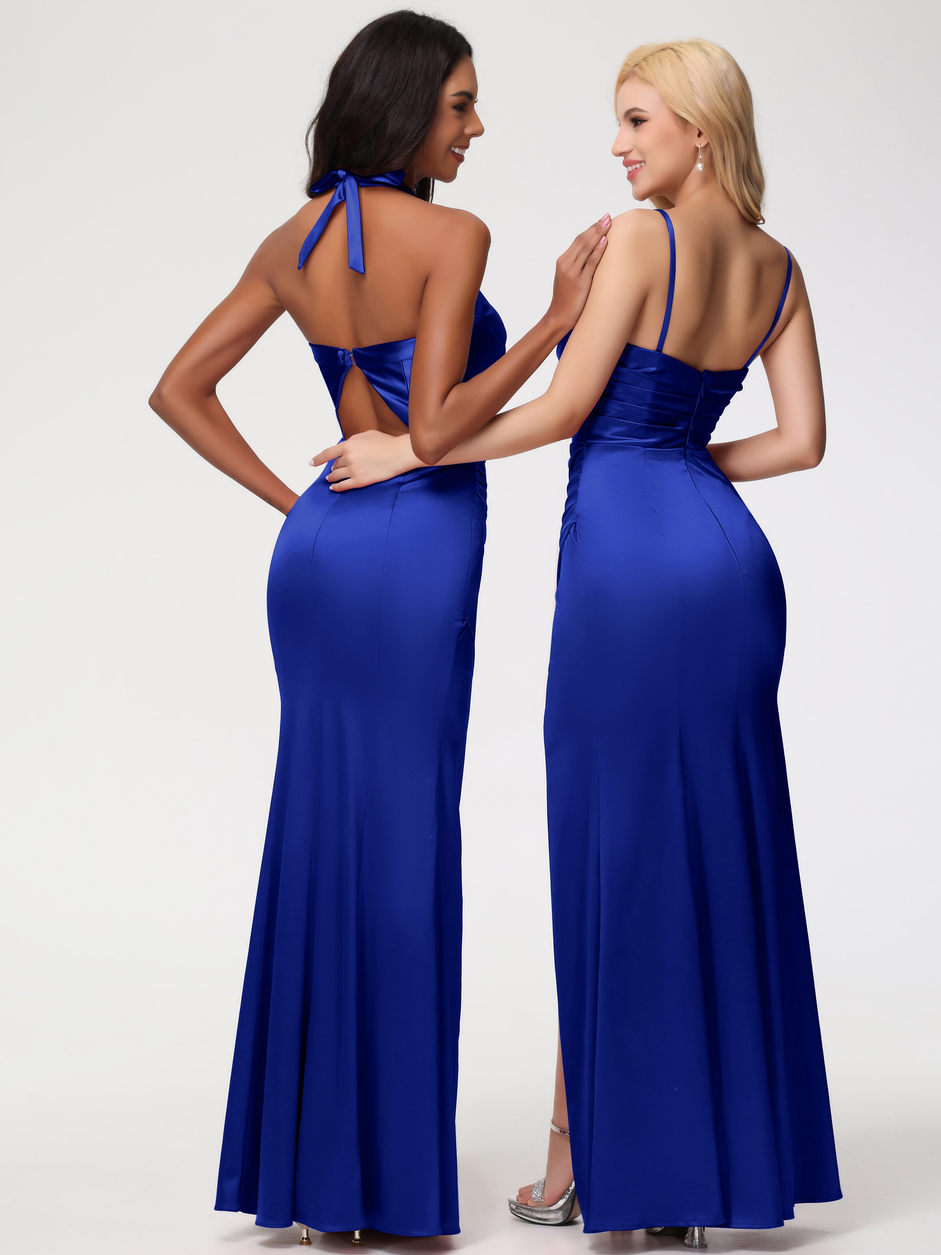 Robes De Demoiselle D'Honneur Bleu Royal Col V Satin Extensible Fourreau/Colonne Robe De Demoiselle D'Honneur Longue Plissée