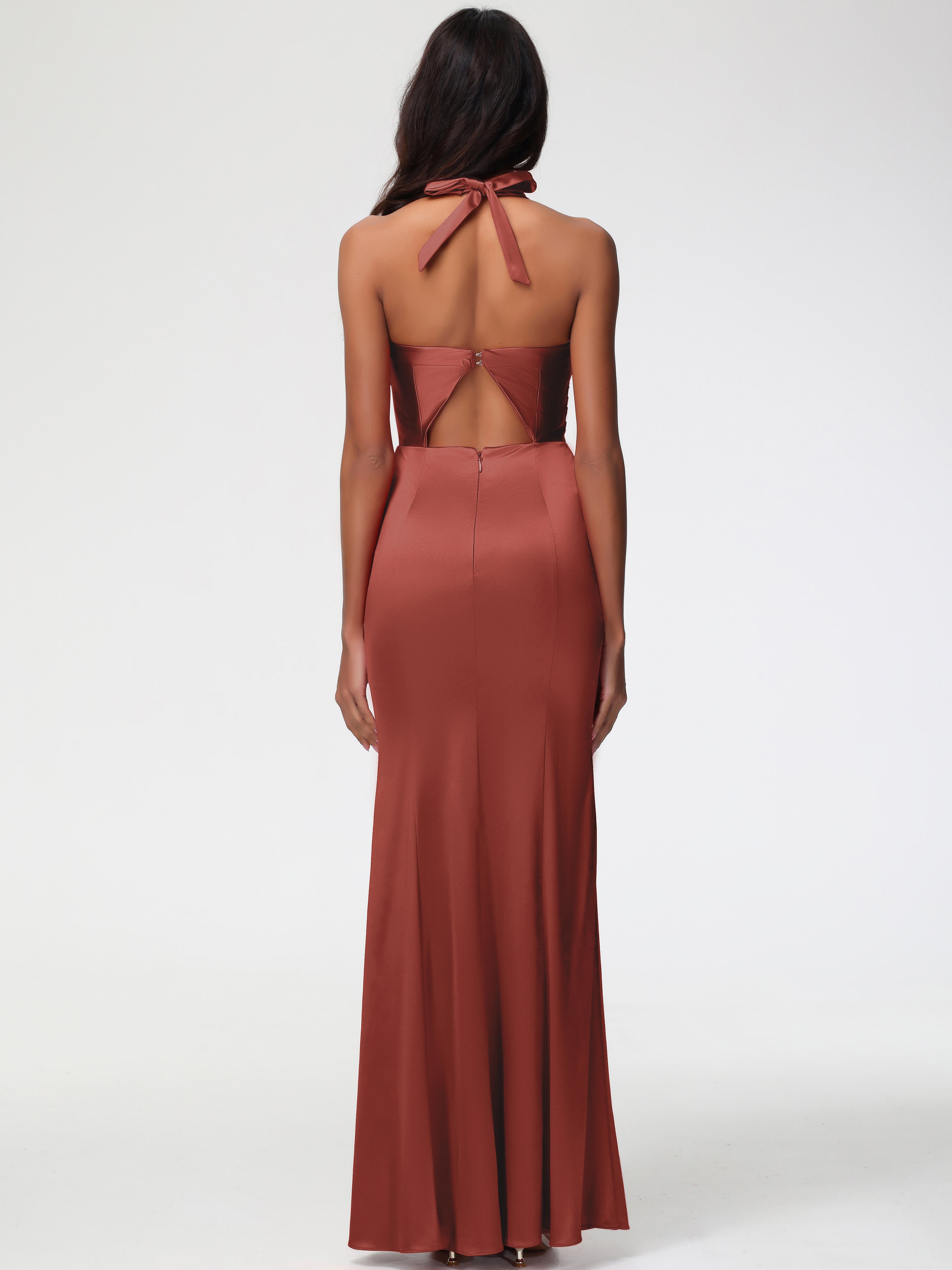 Robe De Demoiselle D'Honneur De Rouille Au Sol Col V Satin Extensible Fourreau/Colonne Robe De Demoiselle D'Honneur Longue Plissée