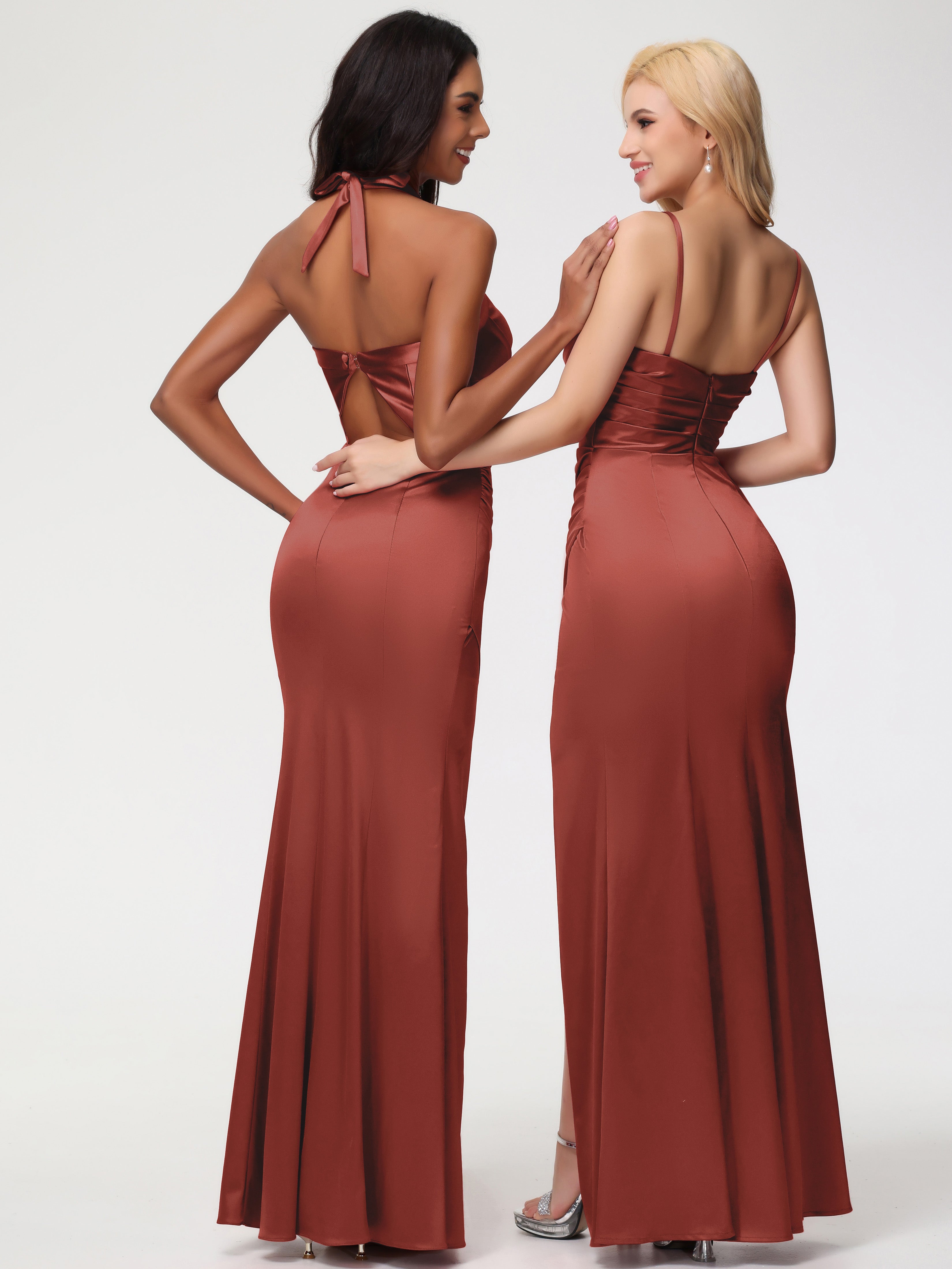 Robe De Demoiselle D'Honneur De Rouille Au Sol Col V Satin Extensible Fourreau/Colonne Robe De Demoiselle D'Honneur Longue Plissée