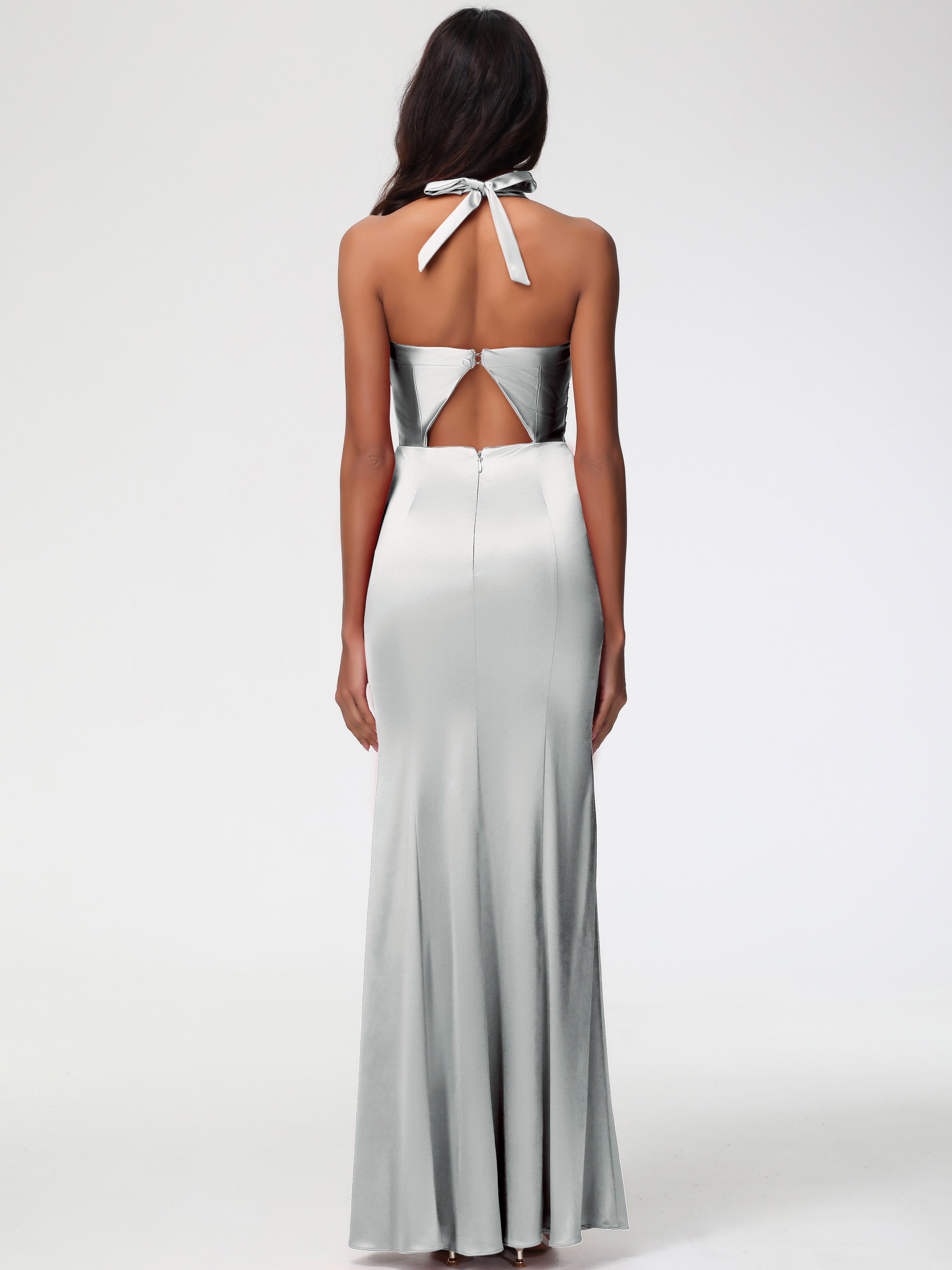 Robe Demoiselle D Honneur Argentée Col V Satin Extensible Fourreau/Colonne Robe De Demoiselle D'Honneur Longue Plissée