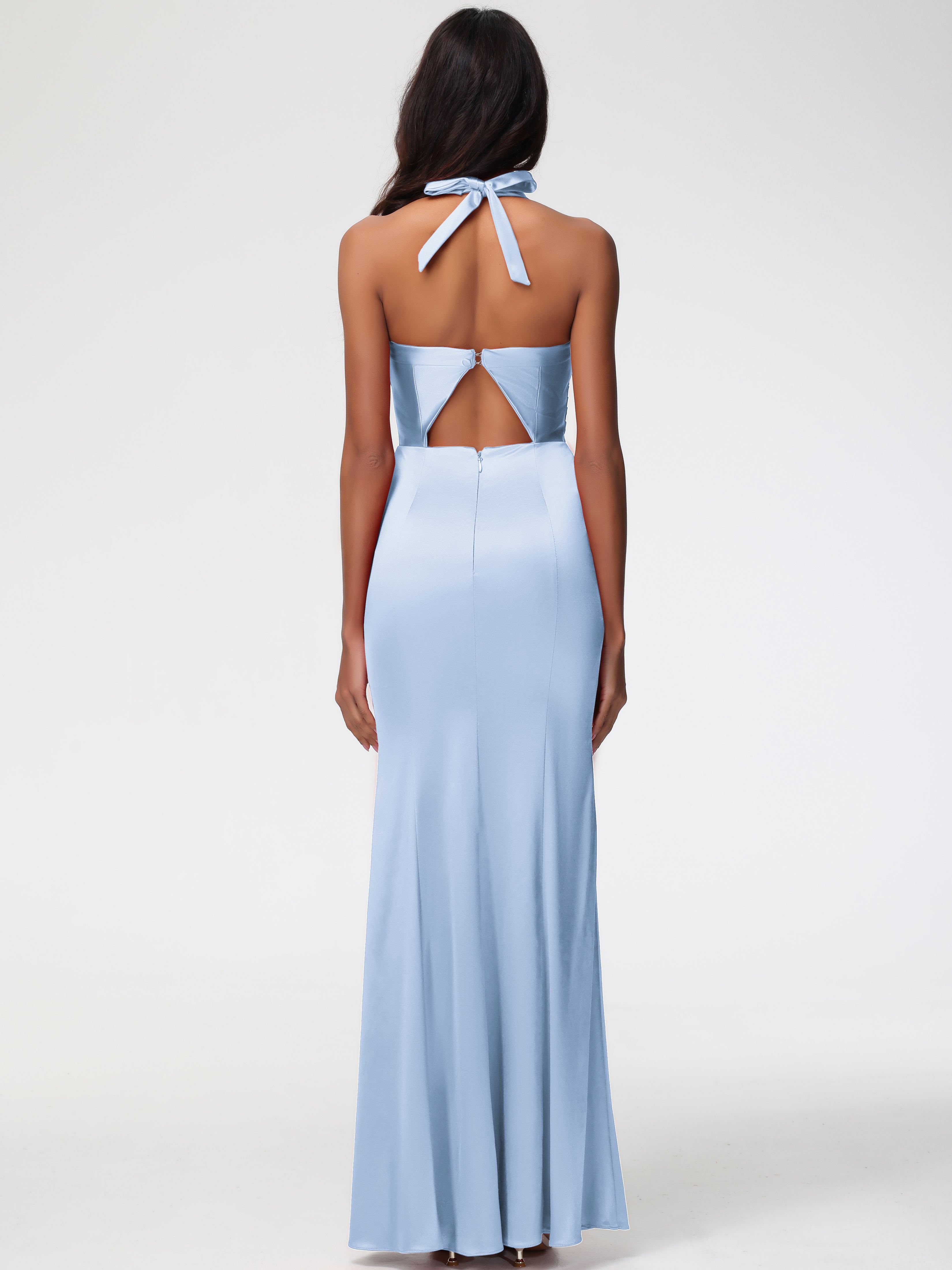 Demoiselle D Honneur Bleu Ciel Col V Satin Extensible Fourreau/Colonne Robe De Demoiselle D'Honneur Longue Plissée