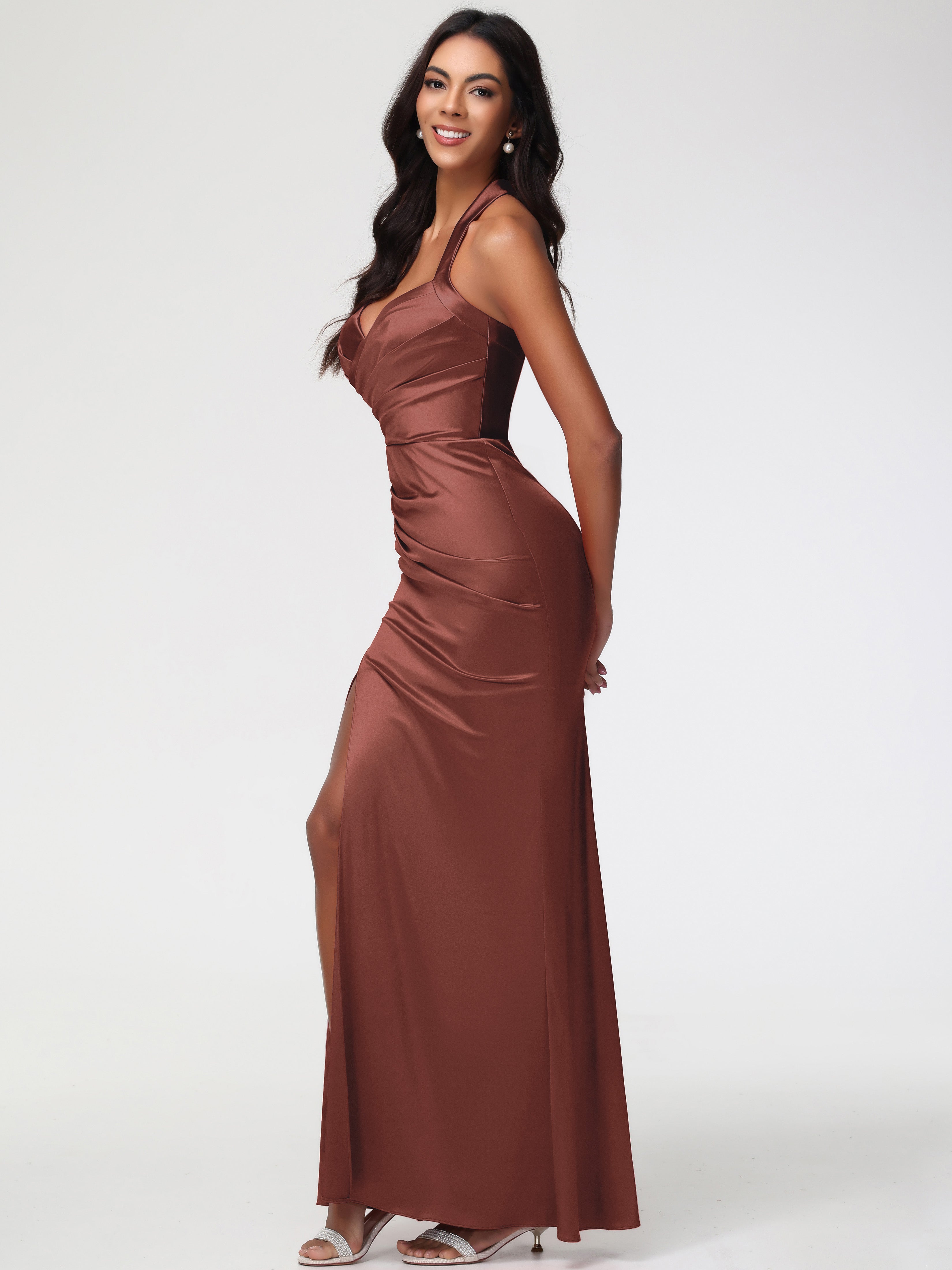 Robe Demoiselle D Honneur Couleur Terracotta Col V Satin Extensible Fourreau/Colonne Robe De Demoiselle D'Honneur Longue Plissée