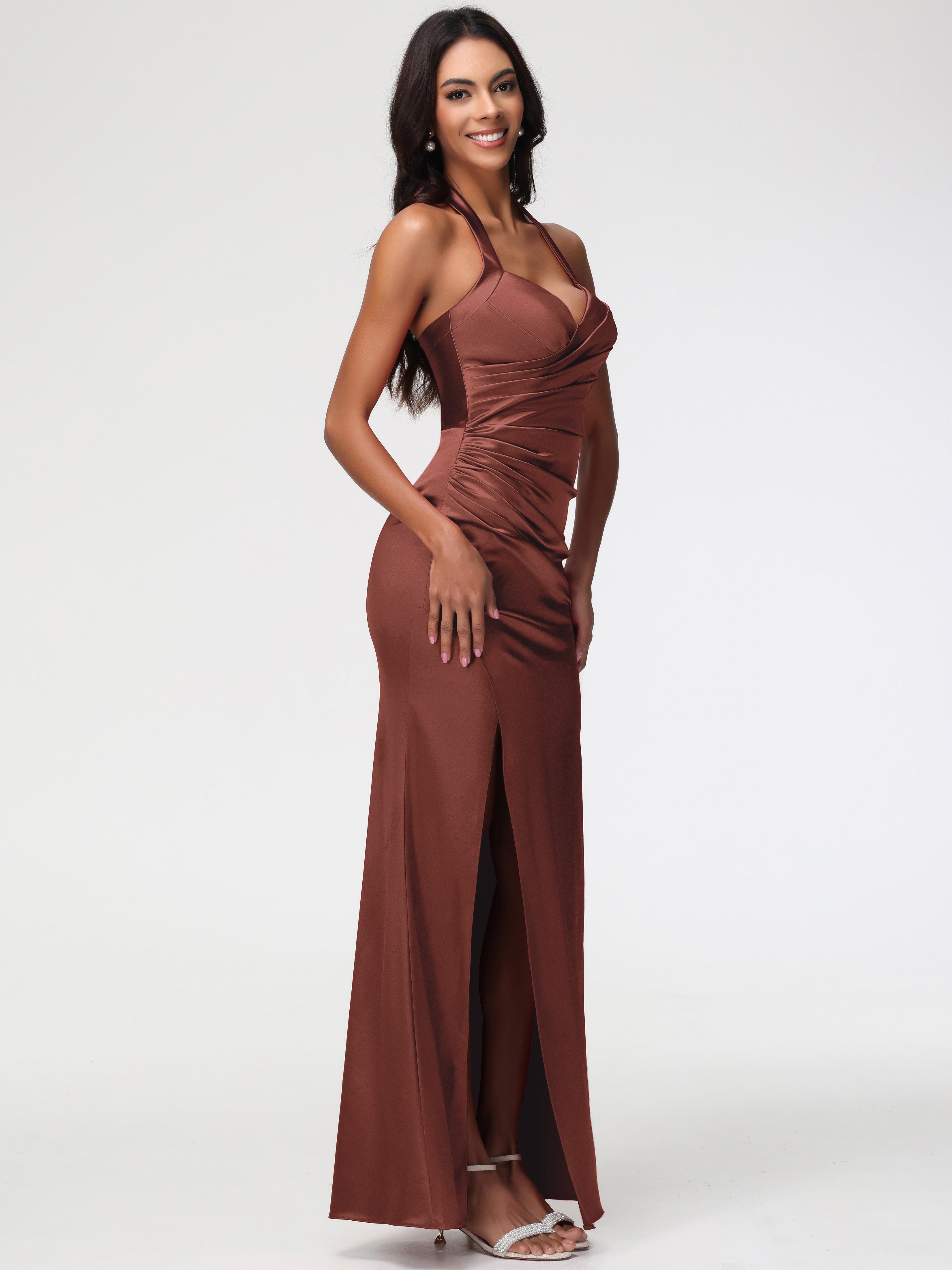 Robe Demoiselle D Honneur Couleur Terracotta Col V Satin Extensible Fourreau/Colonne Robe De Demoiselle D'Honneur Longue Plissée