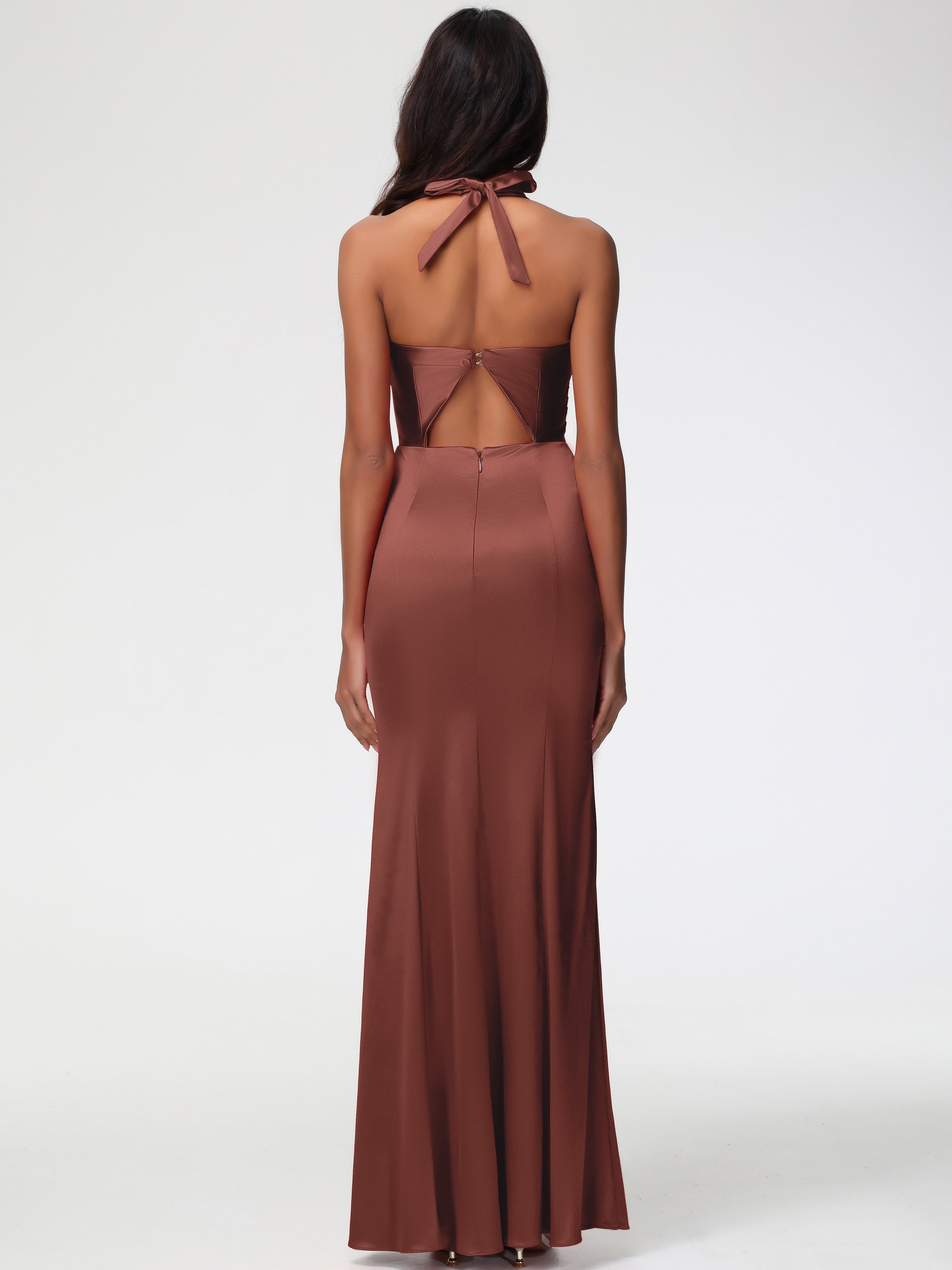 Robe Demoiselle D Honneur Couleur Terracotta Col V Satin Extensible Fourreau/Colonne Robe De Demoiselle D'Honneur Longue Plissée