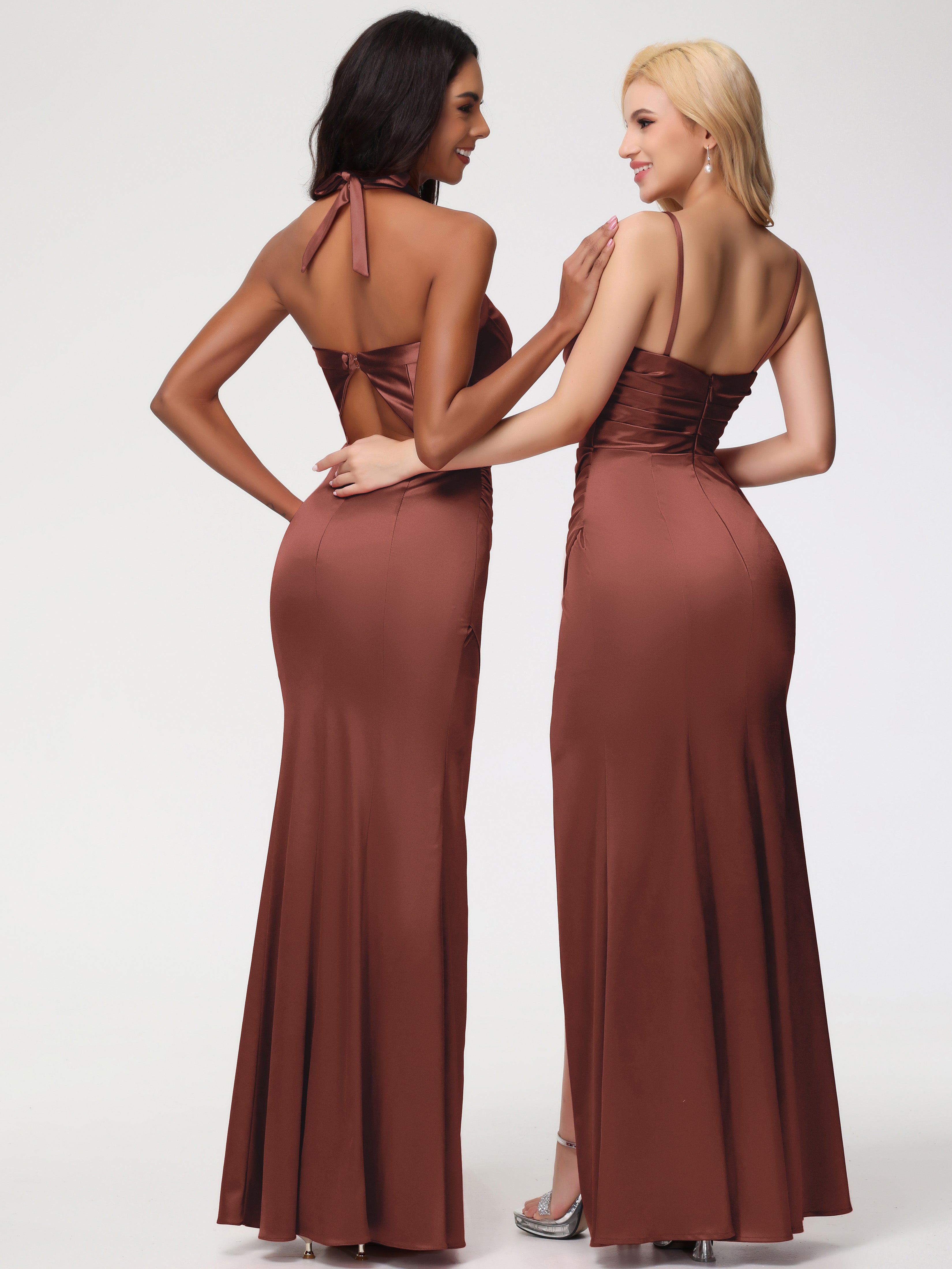 Robe Demoiselle D Honneur Couleur Terracotta Col V Satin Extensible Fourreau/Colonne Robe De Demoiselle D'Honneur Longue Plissée
