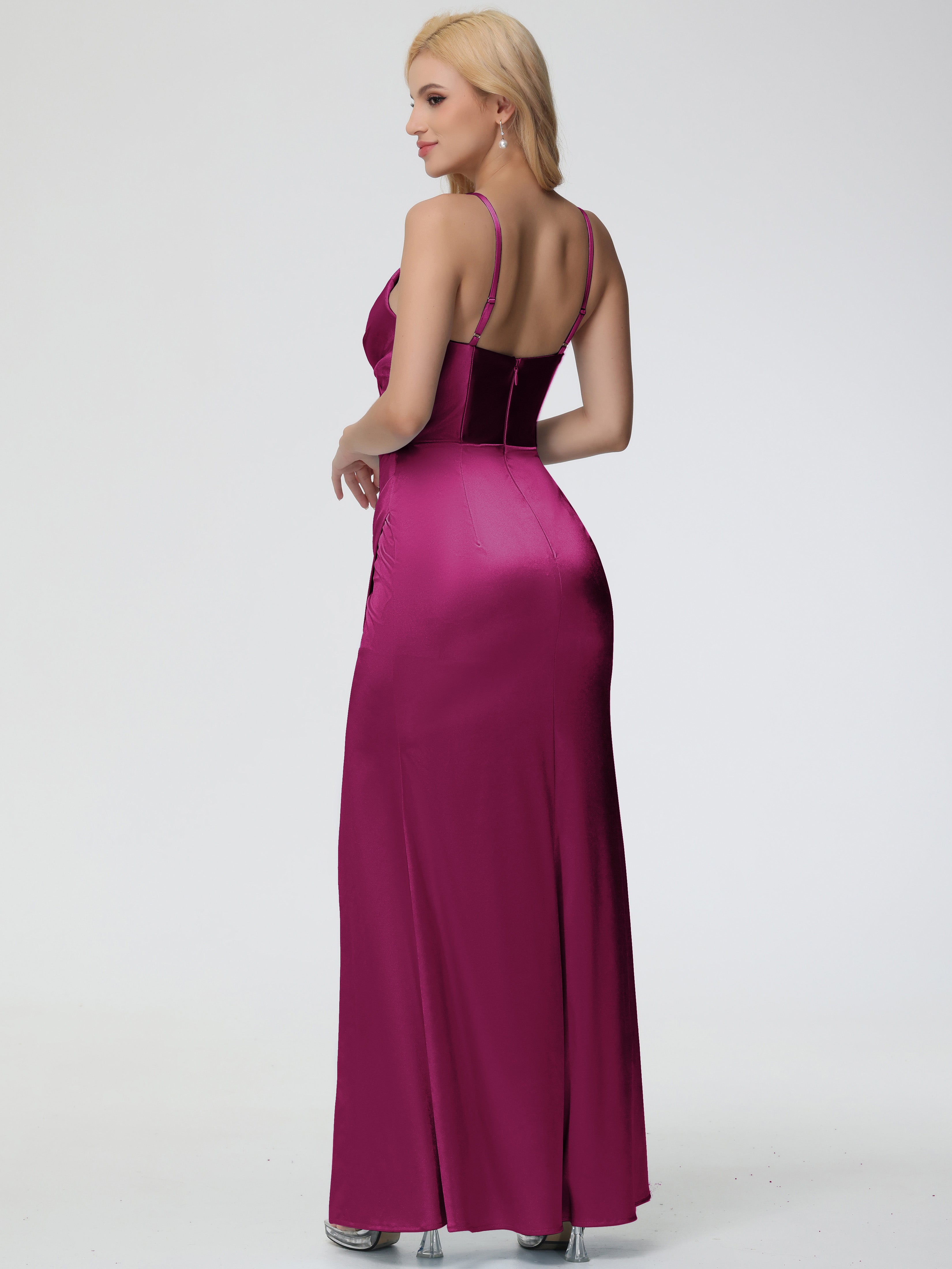 Robes De Demoiselle D'Honneur Couleur Fuchsia Rose Col V Bretelles Spaghetti Fourreau/Colonne Satin Extensible Robe De Demoiselle D'Honneur Robe Plissée
