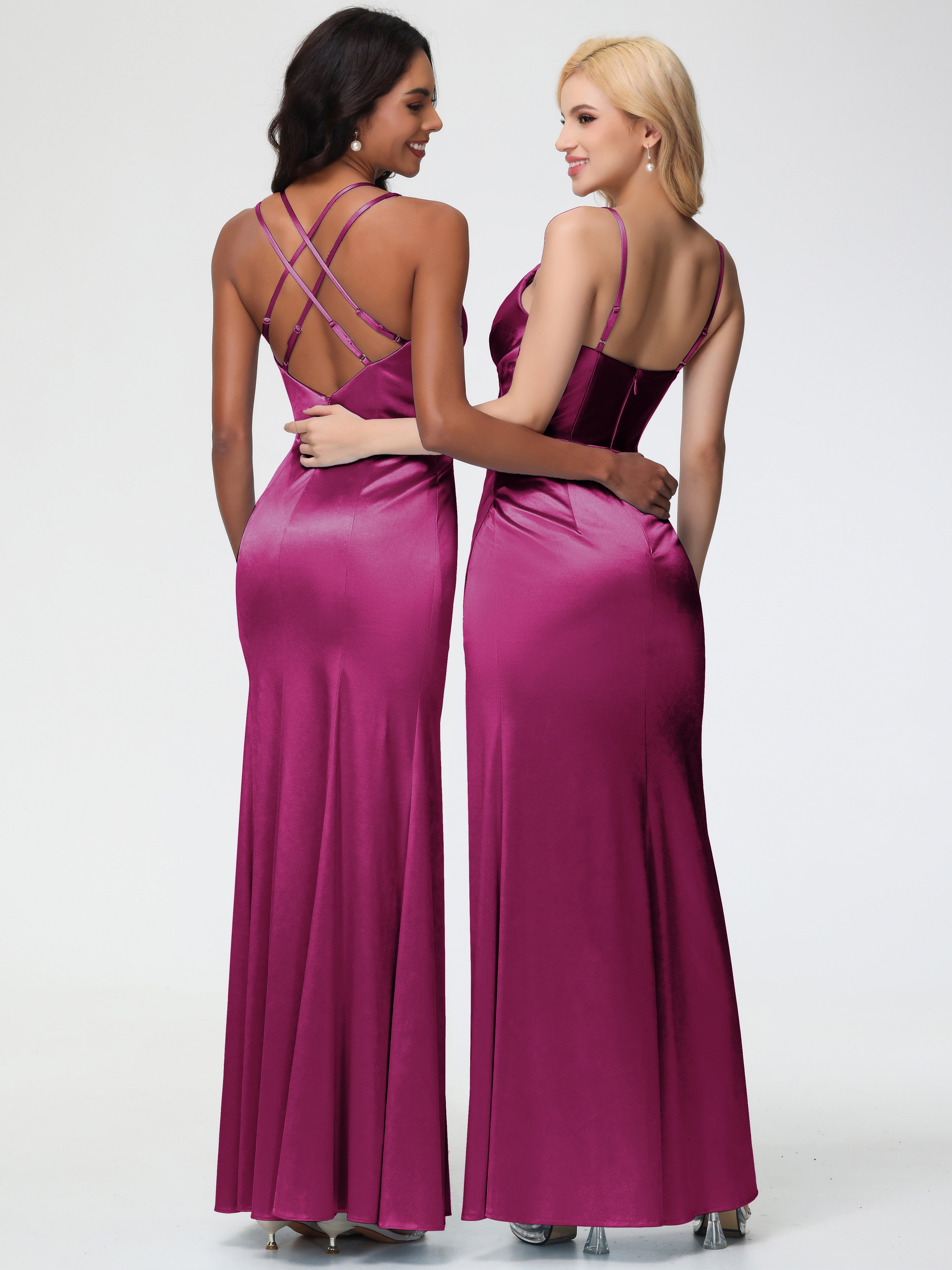 Robes De Demoiselle D'Honneur Couleur Fuchsia Rose Col V Bretelles Spaghetti Fourreau/Colonne Satin Extensible Robe De Demoiselle D'Honneur Robe Plissée