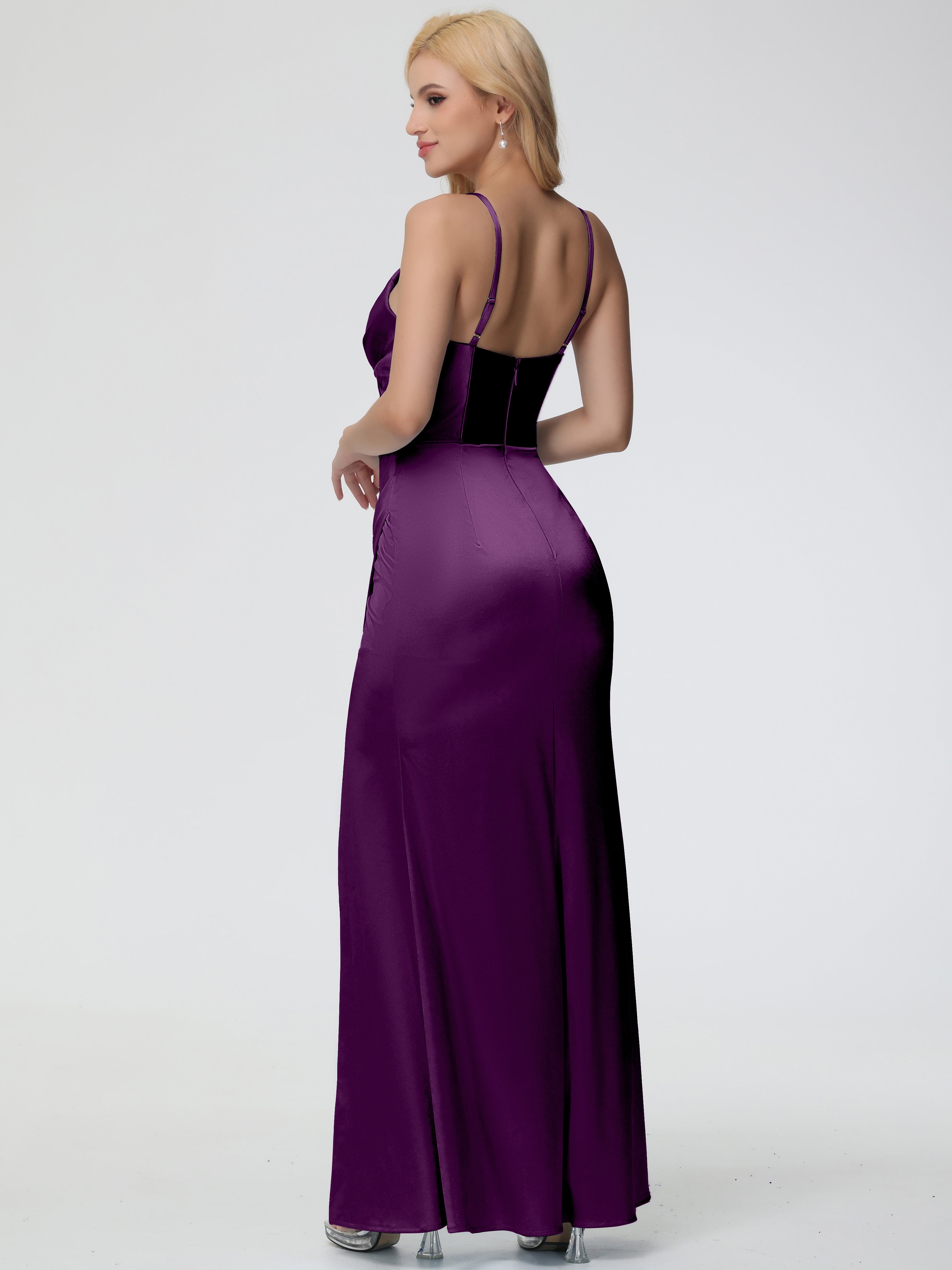 Robes De Demoiselle D'Honneur En Raisin Col V Bretelles Spaghetti Fourreau/Colonne Satin Extensible Robe De Demoiselle D'Honneur Robe Plissée