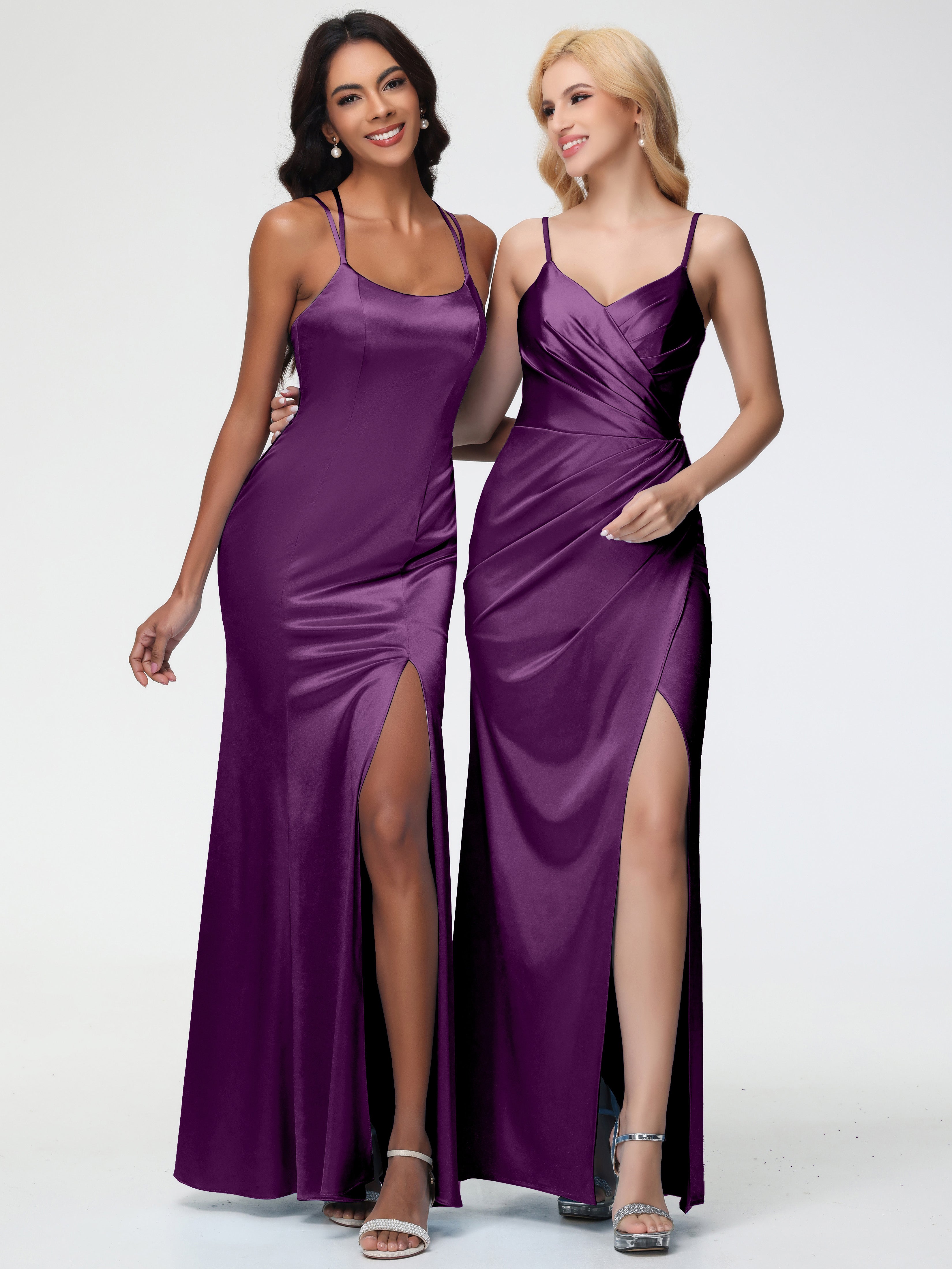 Robes De Demoiselle D'Honneur En Raisin Col V Bretelles Spaghetti Fourreau/Colonne Satin Extensible Robe De Demoiselle D'Honneur Robe Plissée