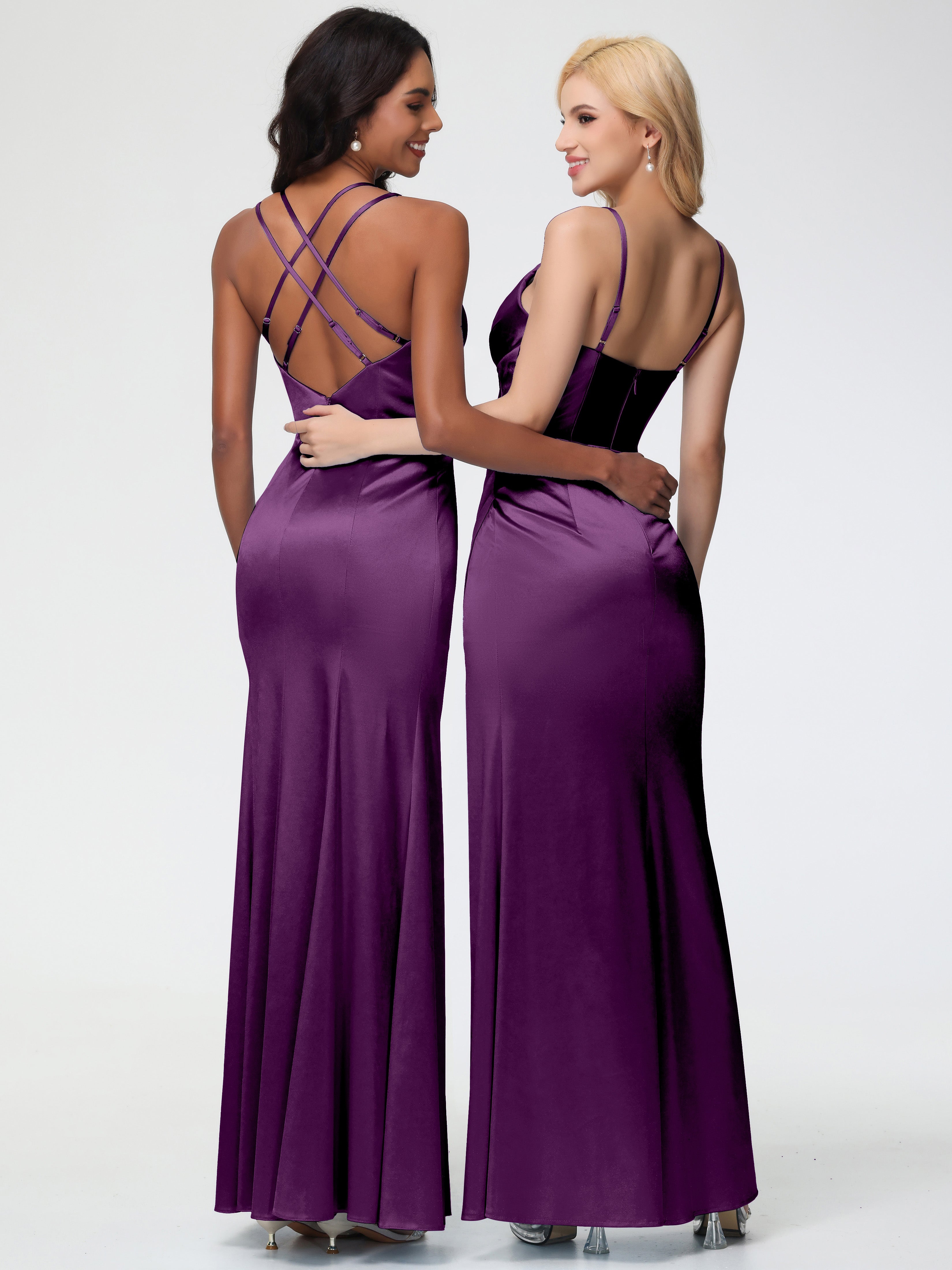 Robes De Demoiselle D'Honneur En Raisin Col V Bretelles Spaghetti Fourreau/Colonne Satin Extensible Robe De Demoiselle D'Honneur Robe Plissée