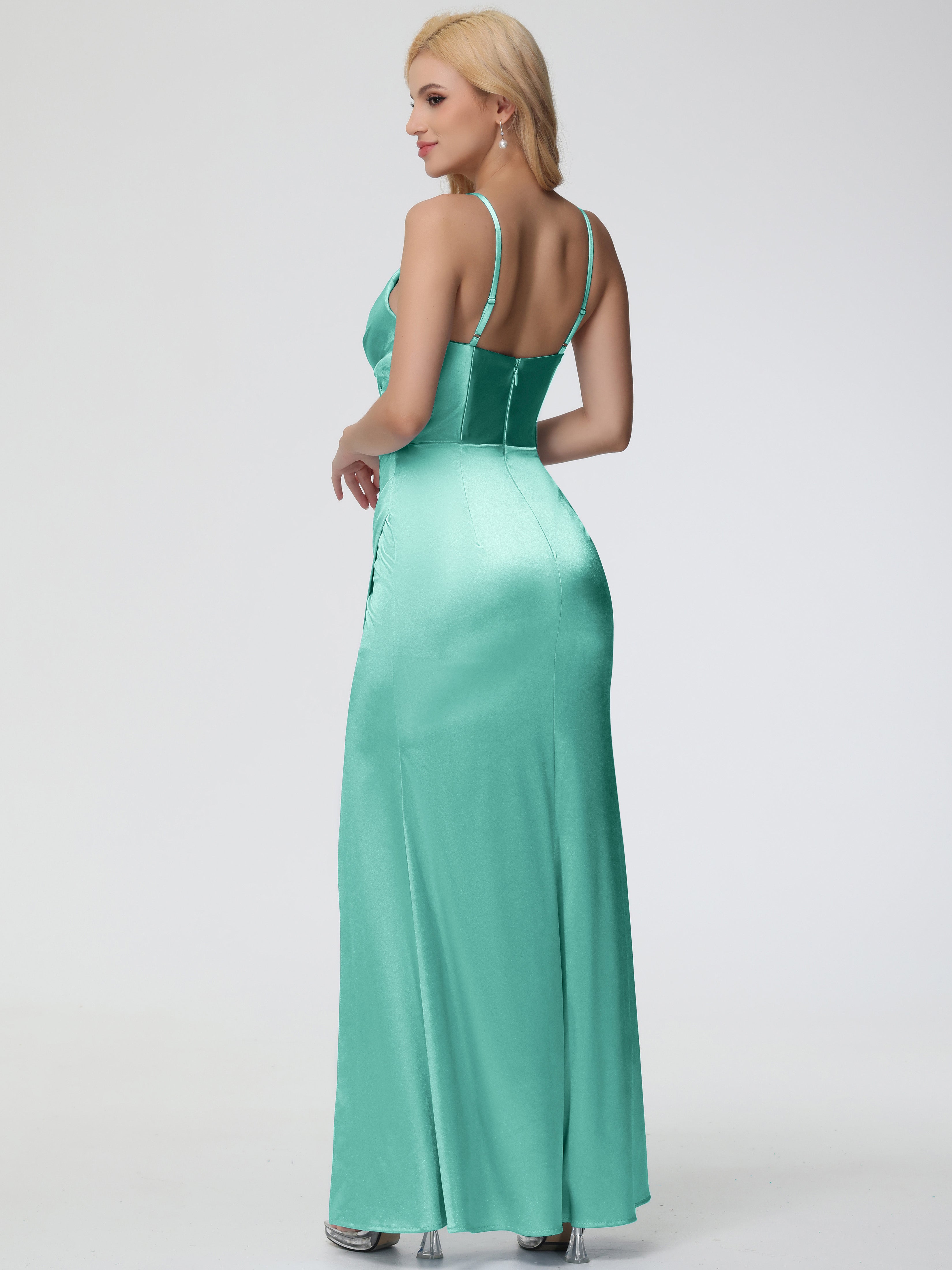 Robes De Demoiselle D'Honneur Vert Menthe Col V Bretelles Spaghetti Fourreau/Colonne Satin Extensible Robe De Demoiselle D'Honneur Robe Plissée