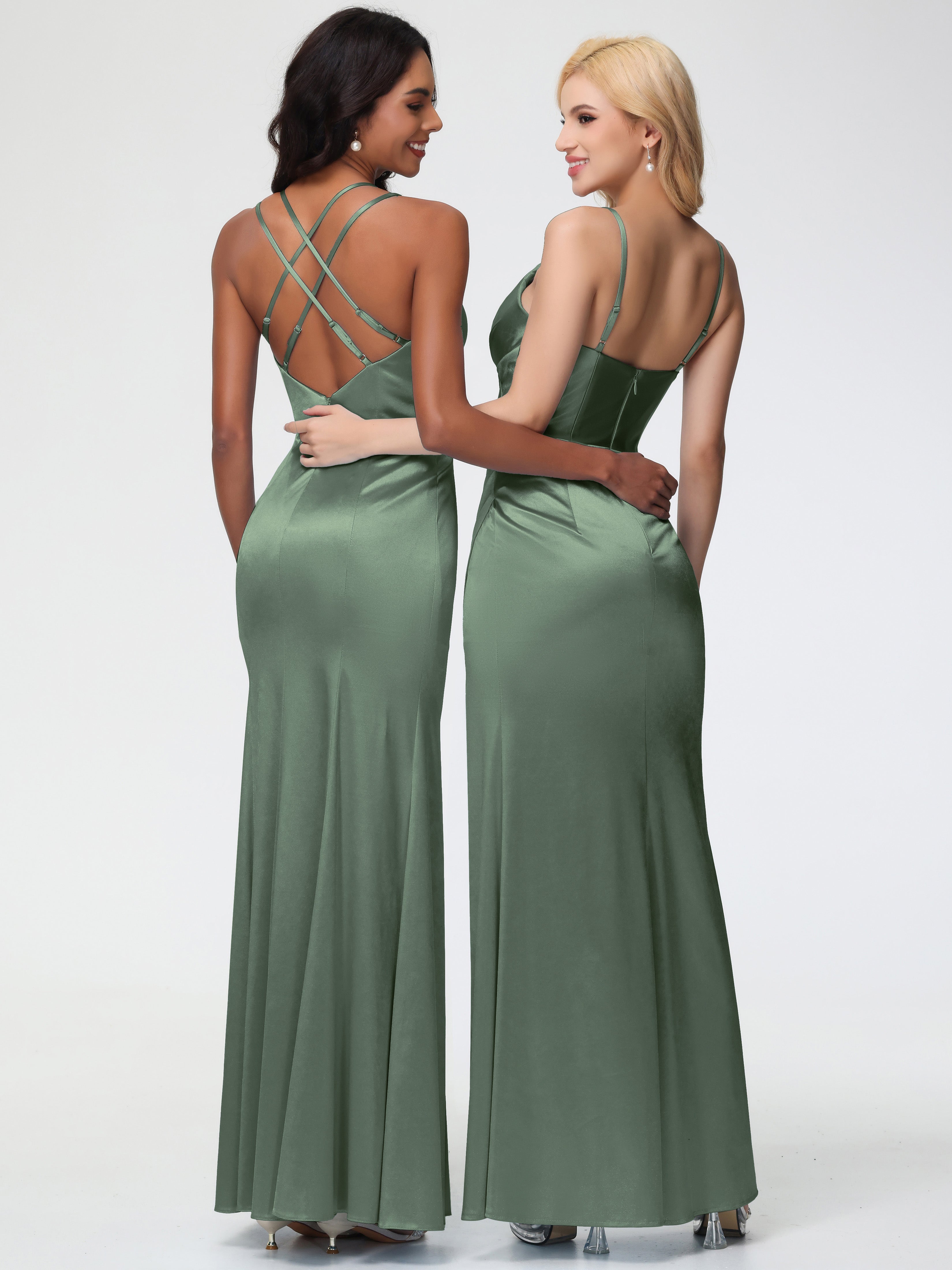 Robes De Demoiselle D'Honneur Vert Olive Col V Bretelles Spaghetti Fourreau/Colonne Satin Extensible Robe De Demoiselle D'Honneur Robe Plissée