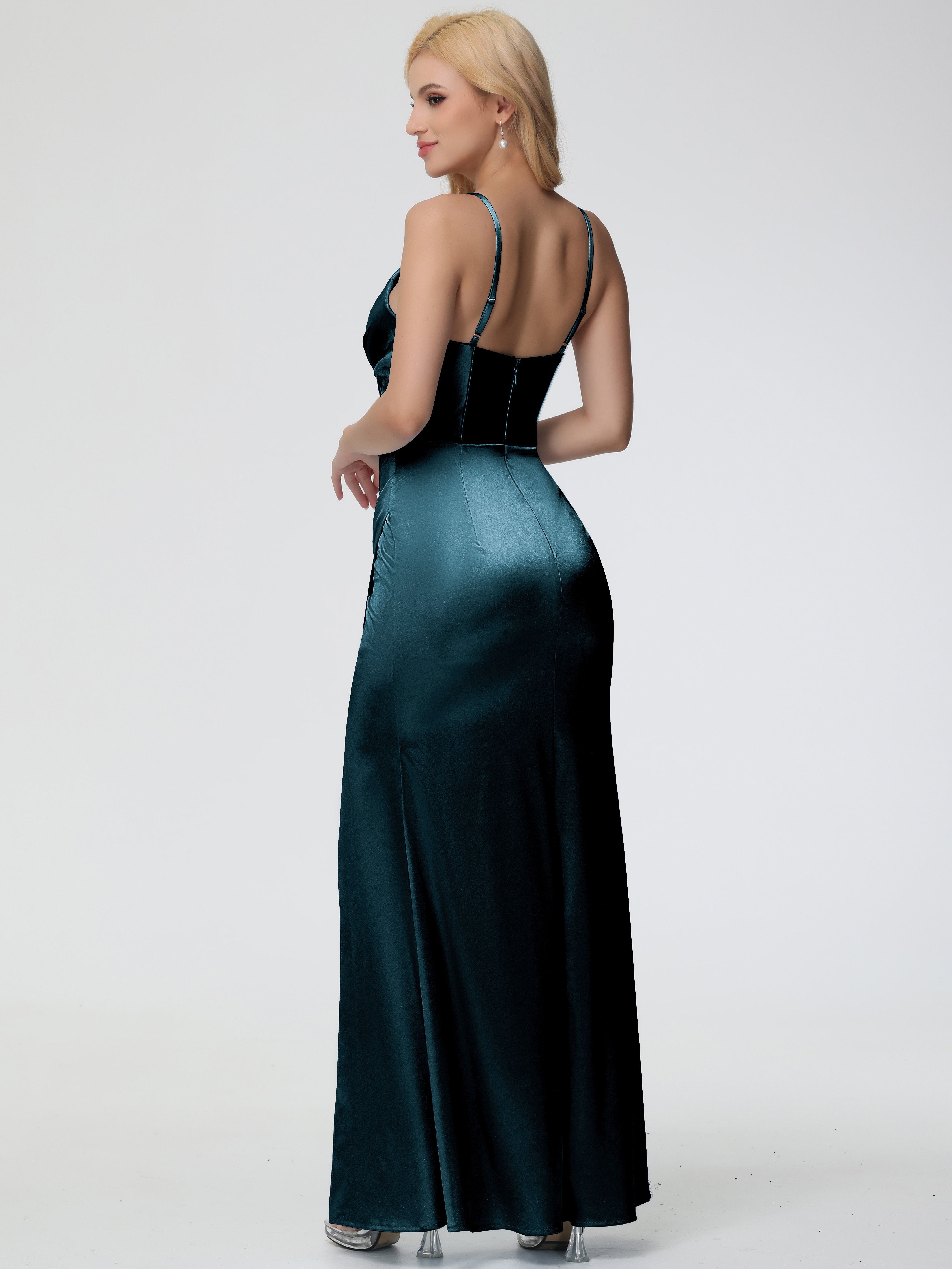 Robe De Demoiselle D'Honneur De Paon Au Sol Col V Bretelles Spaghetti Fourreau/Colonne Satin Extensible Robe De Demoiselle D'Honneur Robe Plissée
