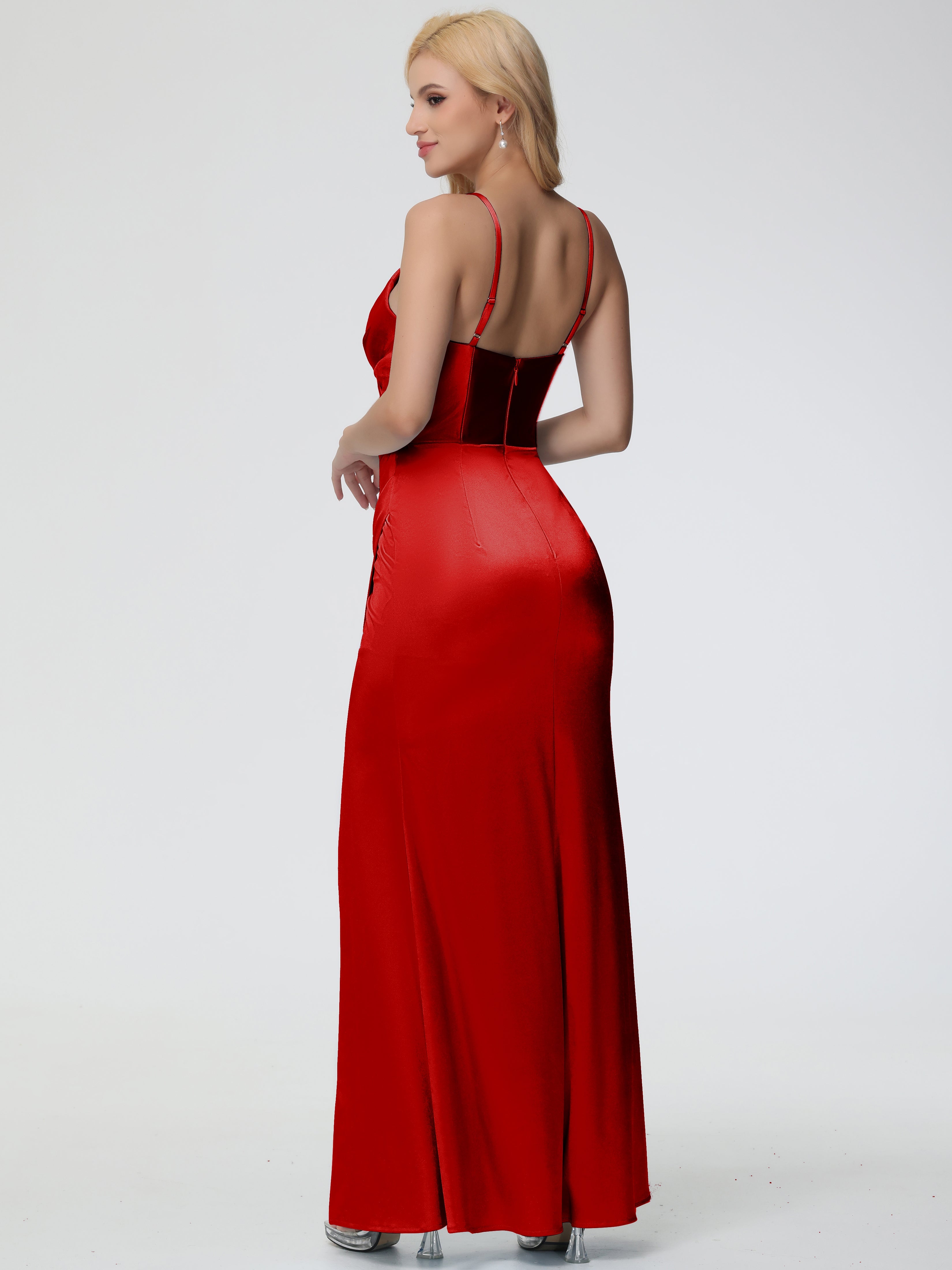 Robes De Demoiselle D'Honneur Rouges Longues Col V Bretelles Spaghetti Fourreau/Colonne Satin Extensible Robe De Demoiselle D'Honneur Robe Plissée