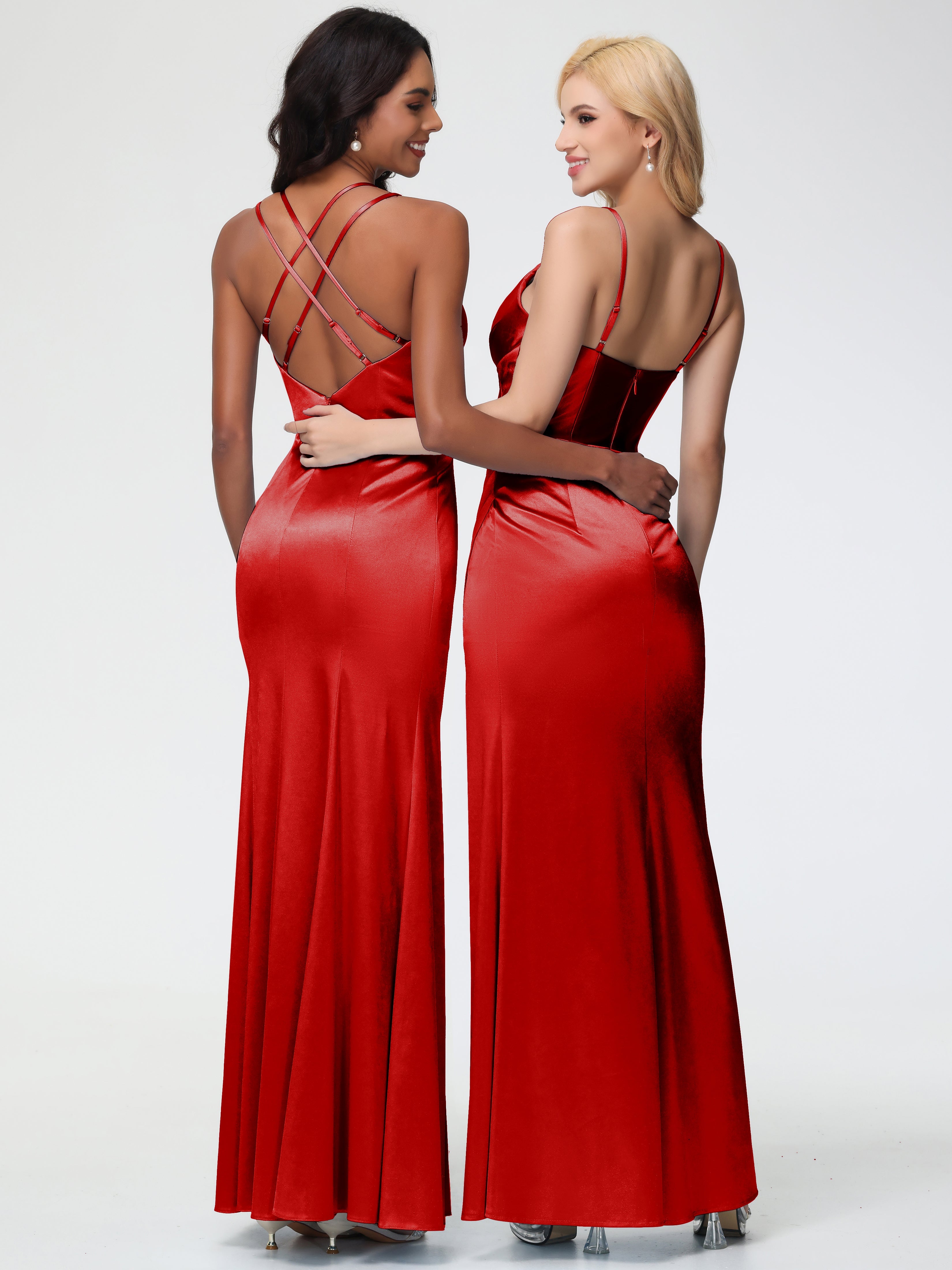 Robes De Demoiselle D'Honneur Rouges Longues Col V Bretelles Spaghetti Fourreau/Colonne Satin Extensible Robe De Demoiselle D'Honneur Robe Plissée