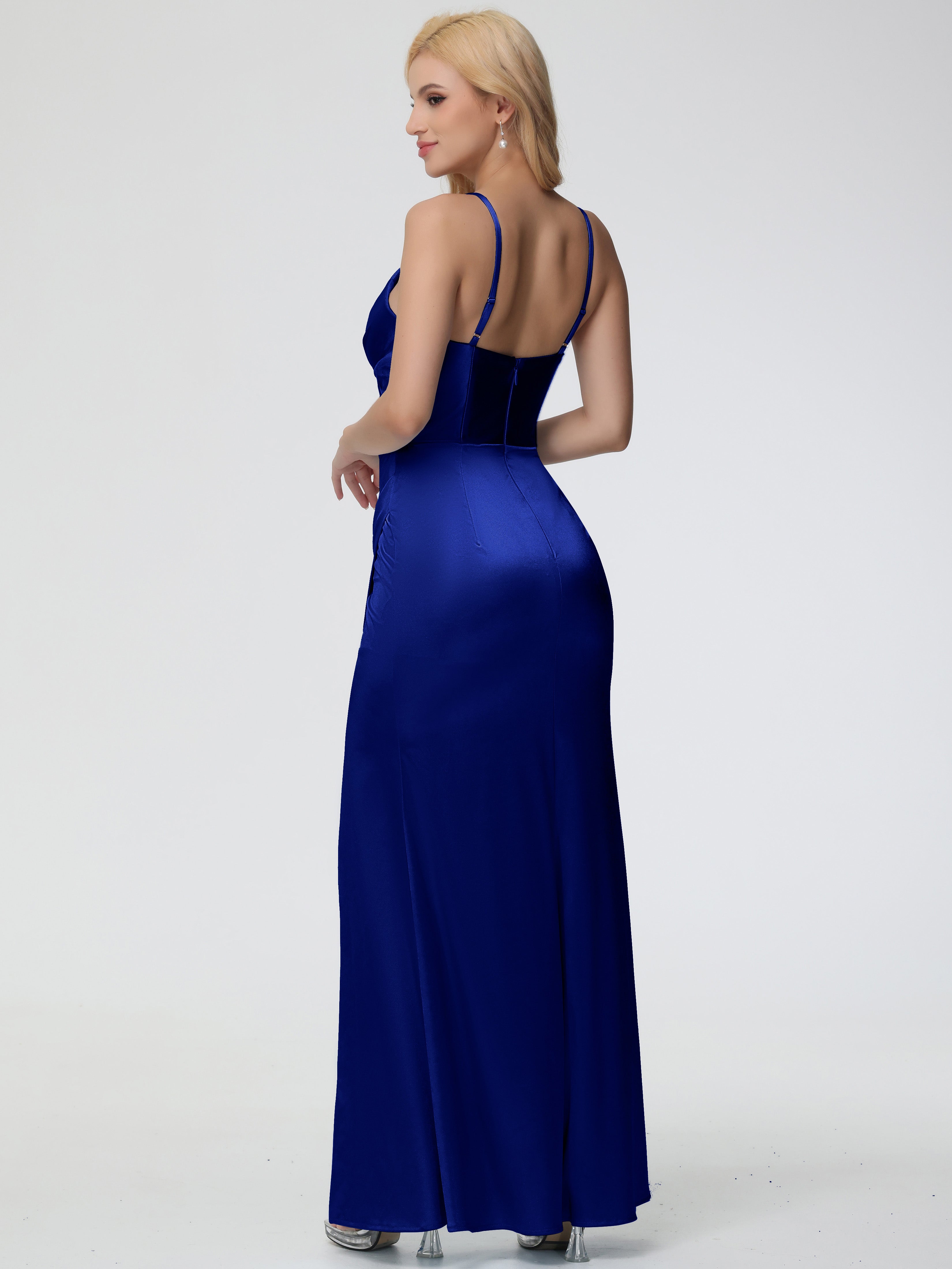 Robes De Demoiselle D'Honneur Bleu Royal Longues Col V Bretelles Spaghetti Fourreau/Colonne Satin Extensible Robe De Demoiselle D'Honneur Robe Plissée