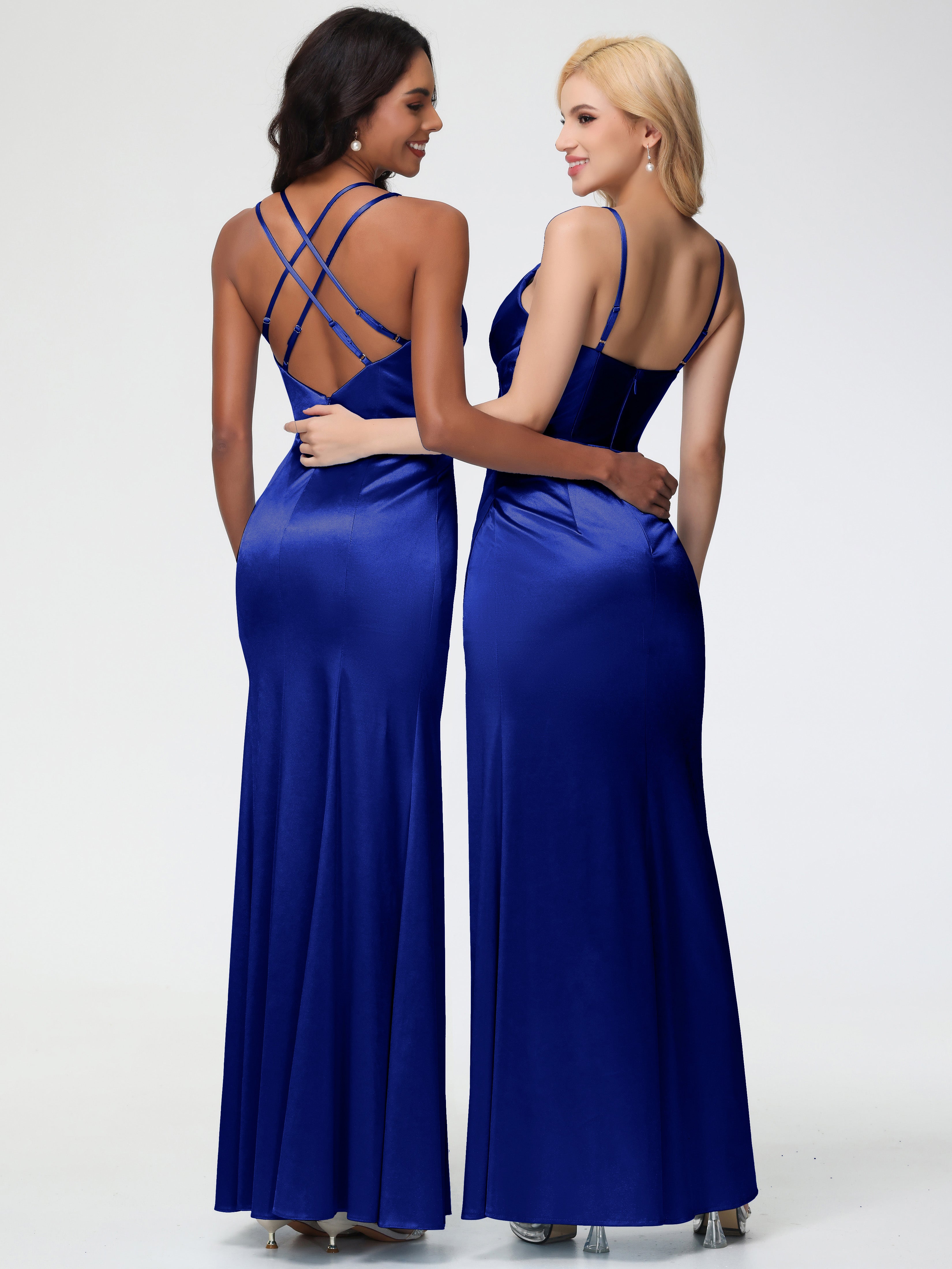 Robes De Demoiselle D'Honneur Bleu Royal Longues Col V Bretelles Spaghetti Fourreau/Colonne Satin Extensible Robe De Demoiselle D'Honneur Robe Plissée