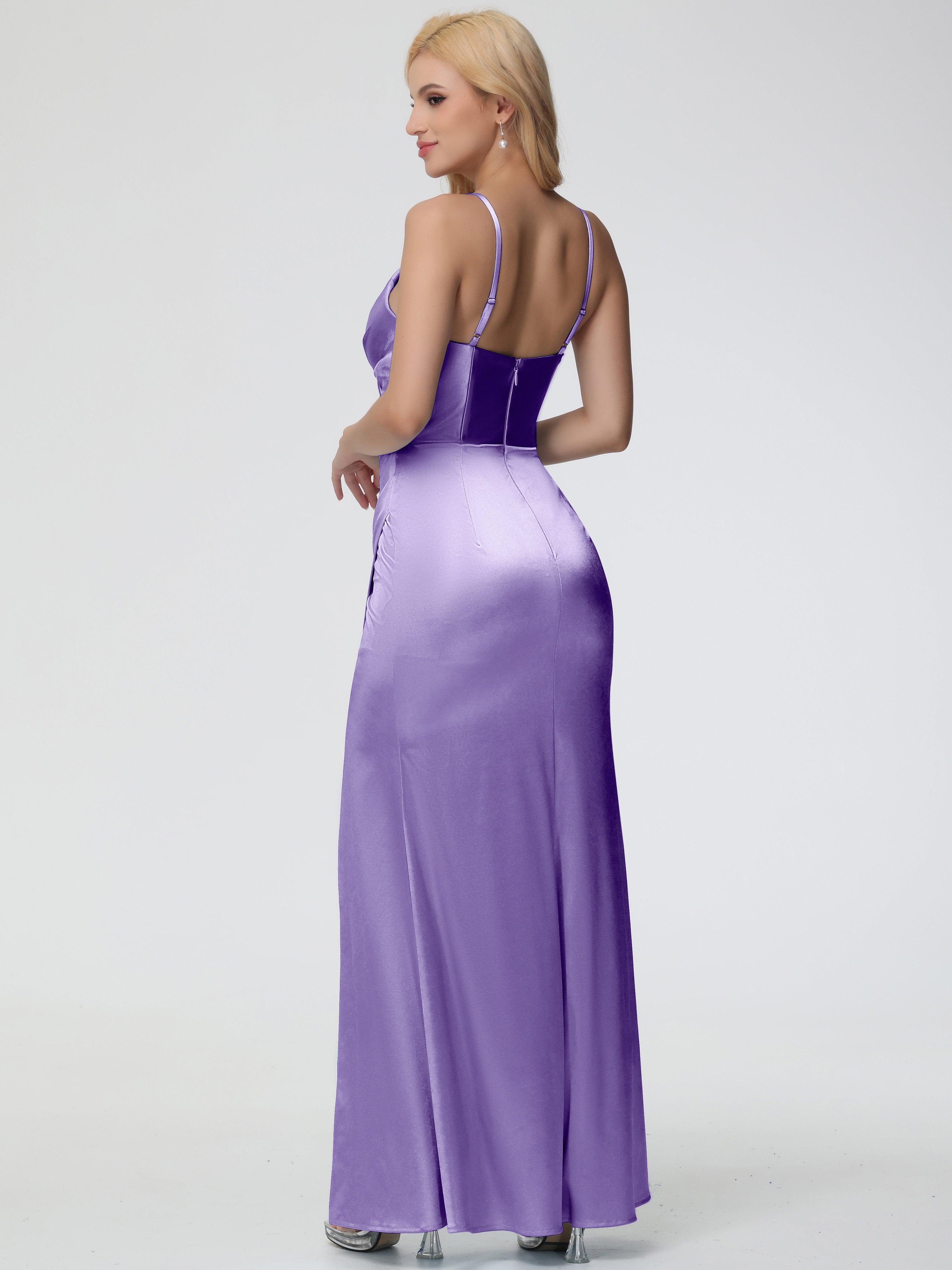 Robes De Demoiselle D'Honneur Tahiti Col V Bretelles Spaghetti Fourreau/Colonne Satin Extensible Robe De Demoiselle D'Honneur Robe Plissée