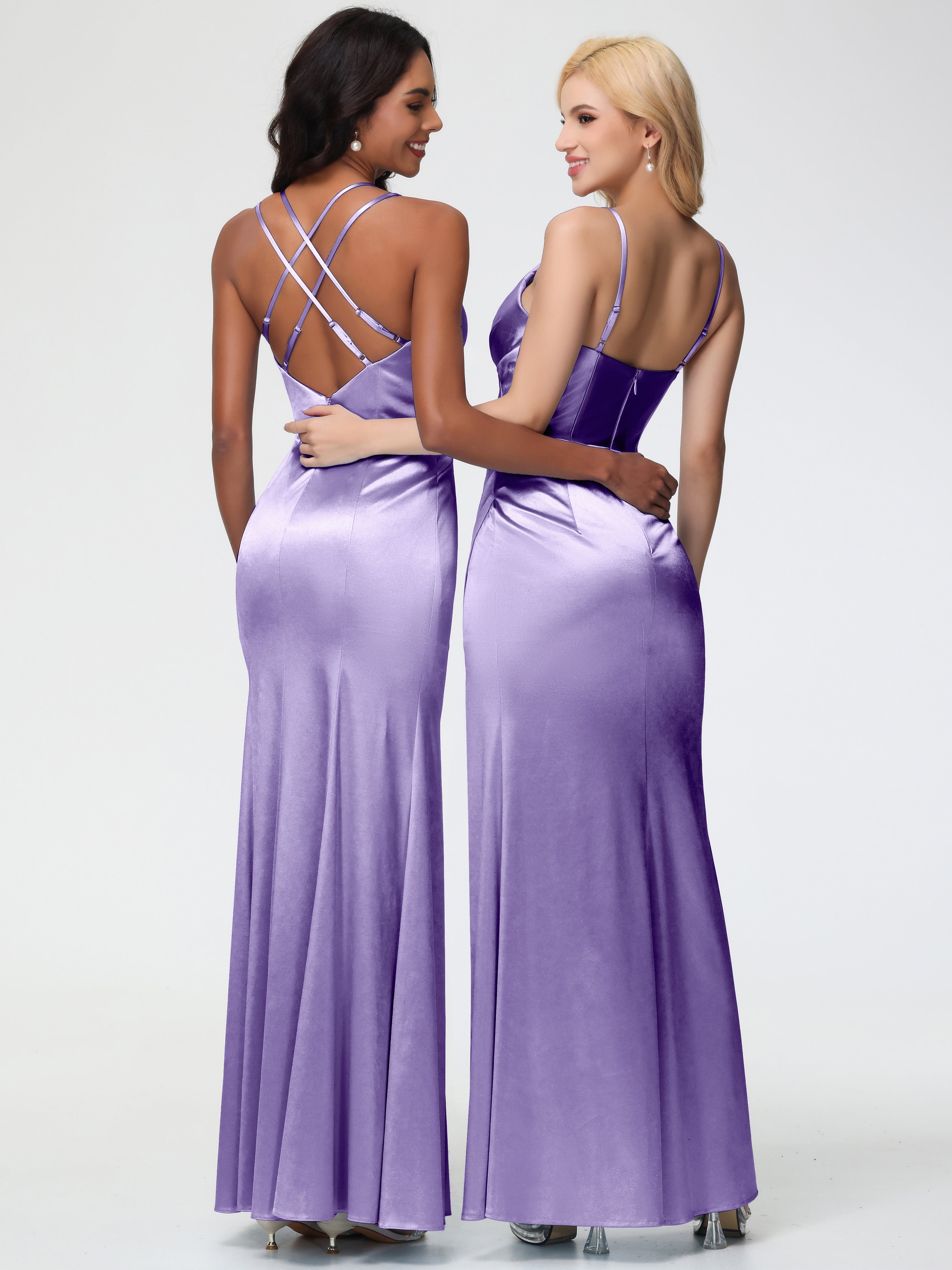 Robes De Demoiselle D'Honneur Tahiti Col V Bretelles Spaghetti Fourreau/Colonne Satin Extensible Robe De Demoiselle D'Honneur Robe Plissée