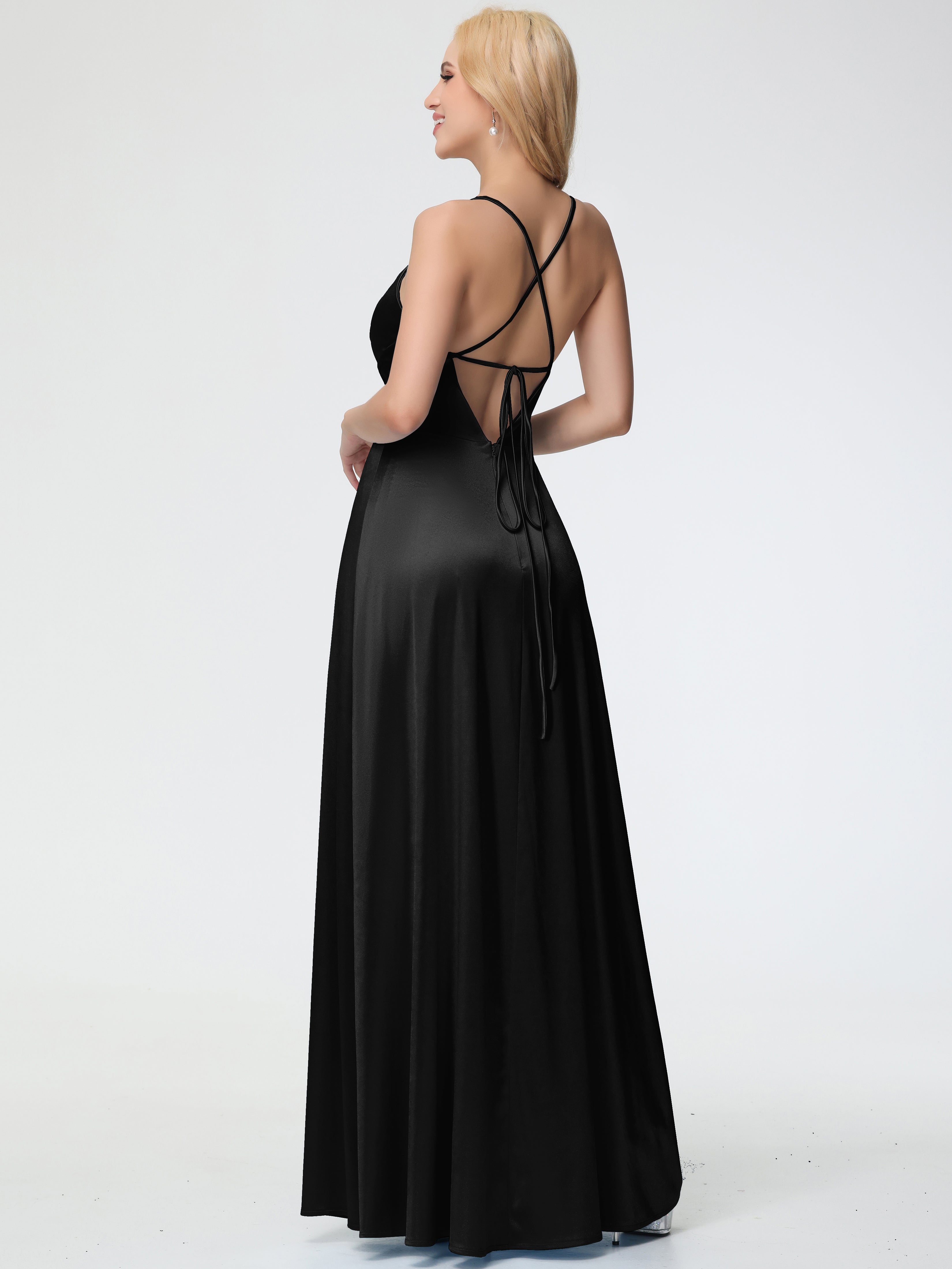 Robes De Demoiselle D'Honneur Noires Bon Marché Col V Bretelles Spaghetti Trapèze Fendue Satin Extensible Robe De Demoiselle D'Honneur