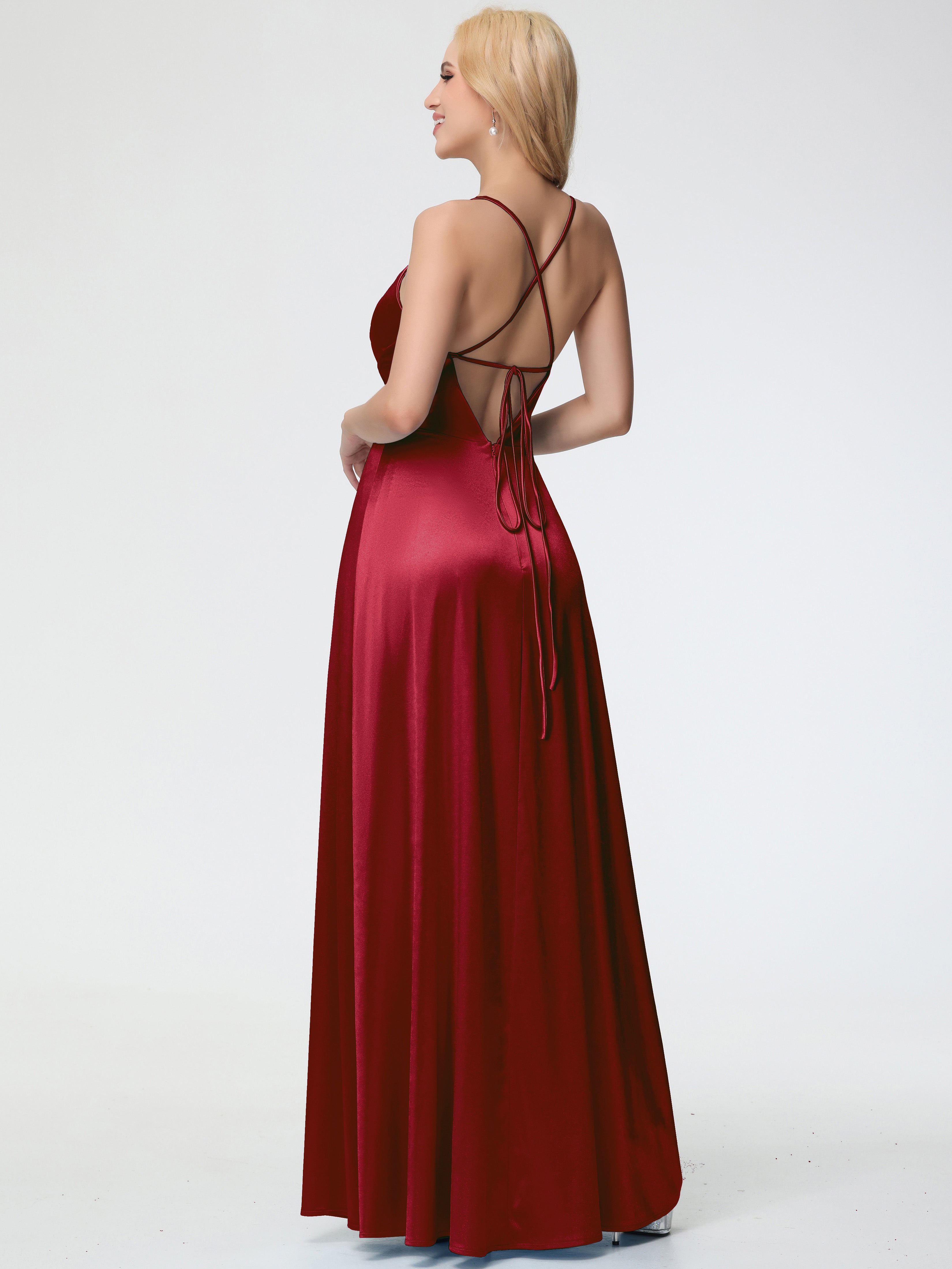 Robes De Demoiselle D'Honneur Couleur Bordeaux Col V Bretelles Spaghetti Trapèze Fendue Satin Extensible Robe De Demoiselle D'Honneur